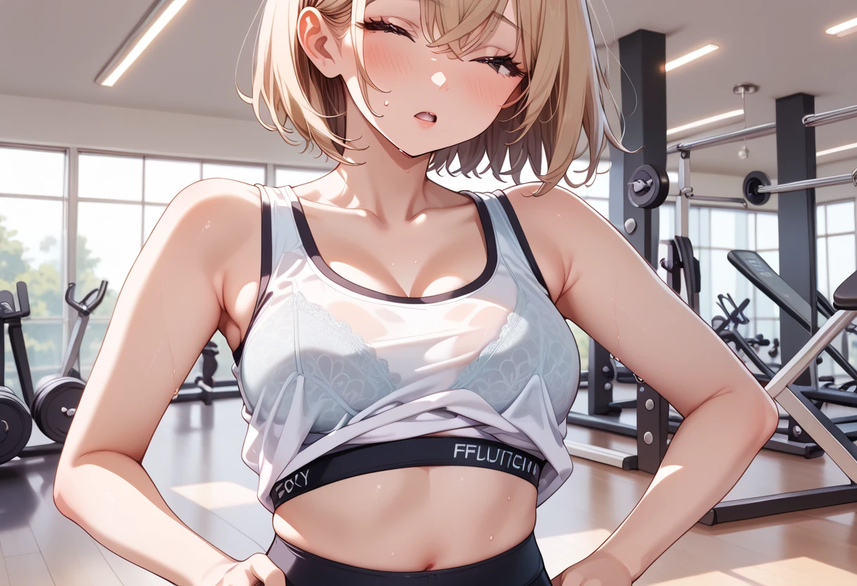 ((masterpiece, best quality, ultra detailed, high resolution, detailed facial description)), (1 girl:1.3), (short hair, crossed bangs), (tank top, bra visible through clothes, sports bra), (yoga pants:1.3), standing, (She takes off her tank top to reveal her sports bra:1.5, while taking off tank top:1.5, sports bra lift:1.3, show breasts:1.3), (orgasm:1.2, blush:1.2, fidgeting:1.2, very sweaty:1.3), (upper body:1.2), sports gym, nsfw