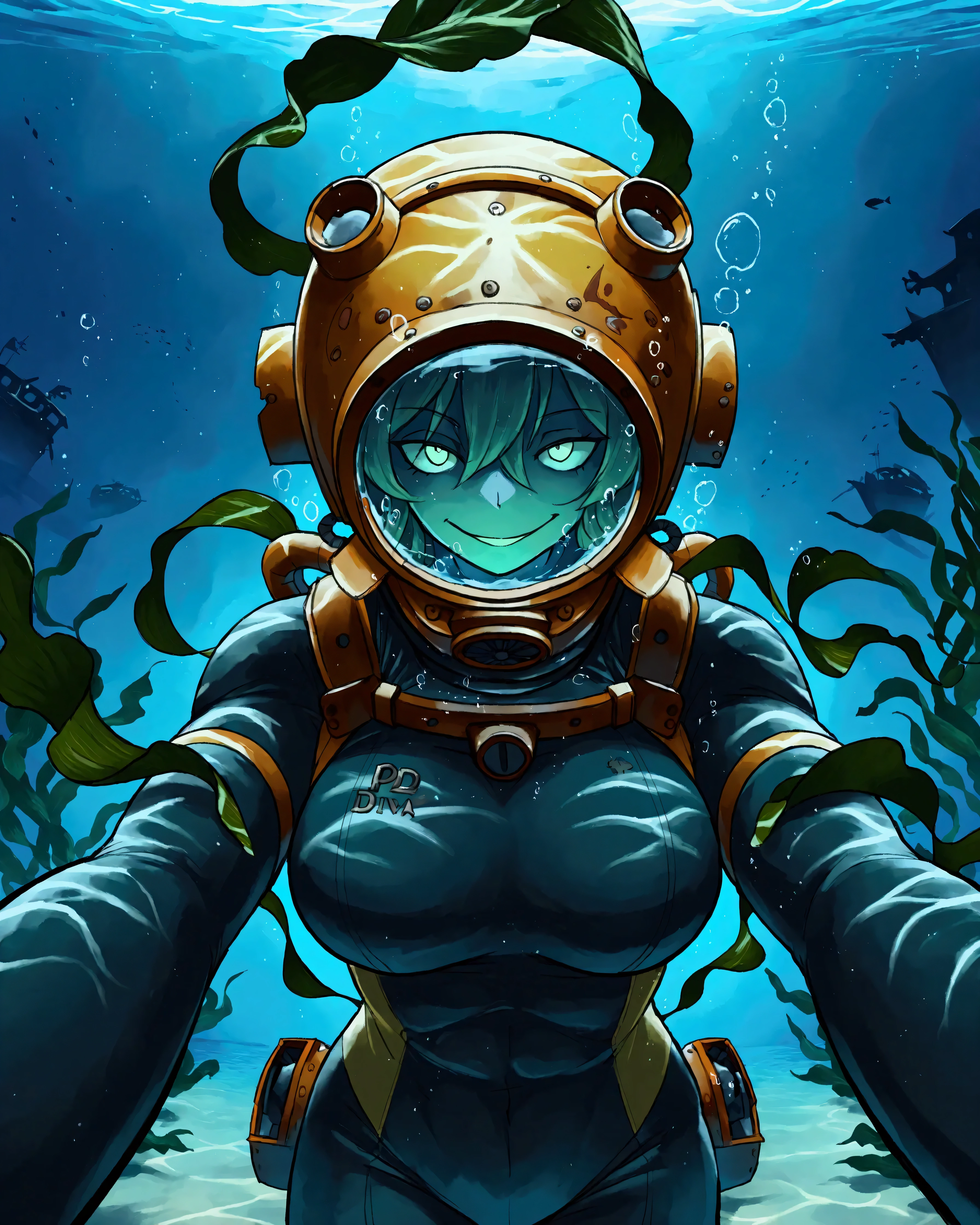 female deep sea Diver walking along the sea floor amongst shipwrecks, she's holding a rusty spear gun and her deep sea diving helmet is rusty as well as her diving suit is ripped and torn while emanating a ghostly green Glow, underwater, shipwrecks, deep sea diving helmet, 4K ultra detail the comma half and done, holding up in gun, reaching out with one hand, barnacles, seaweed, (Mark 5 diving helmet:1.5), shipwrecks, walking, horror_(theme), ghost, evil, looking at viewer, holding spear gun, ghostly green Glow, 1girl, solo, large_breasts, muscular, barnacles, rust, (shipwrecks:1.6), multiple shipwrecks, (phantom deep sea diva:1.4), broken air hose, bubbles, (underwater:1.7), upper body, portrait, pov, evil_eyes, evil_smile, night, darkness, [barnacles on diving suit], rusty_diving_suit, line_art, ghostly green Glow, phantom of the sea, (evil smile:1.3), ((Draped in seaweed:1.6)), Background, Detailed background, skeleton