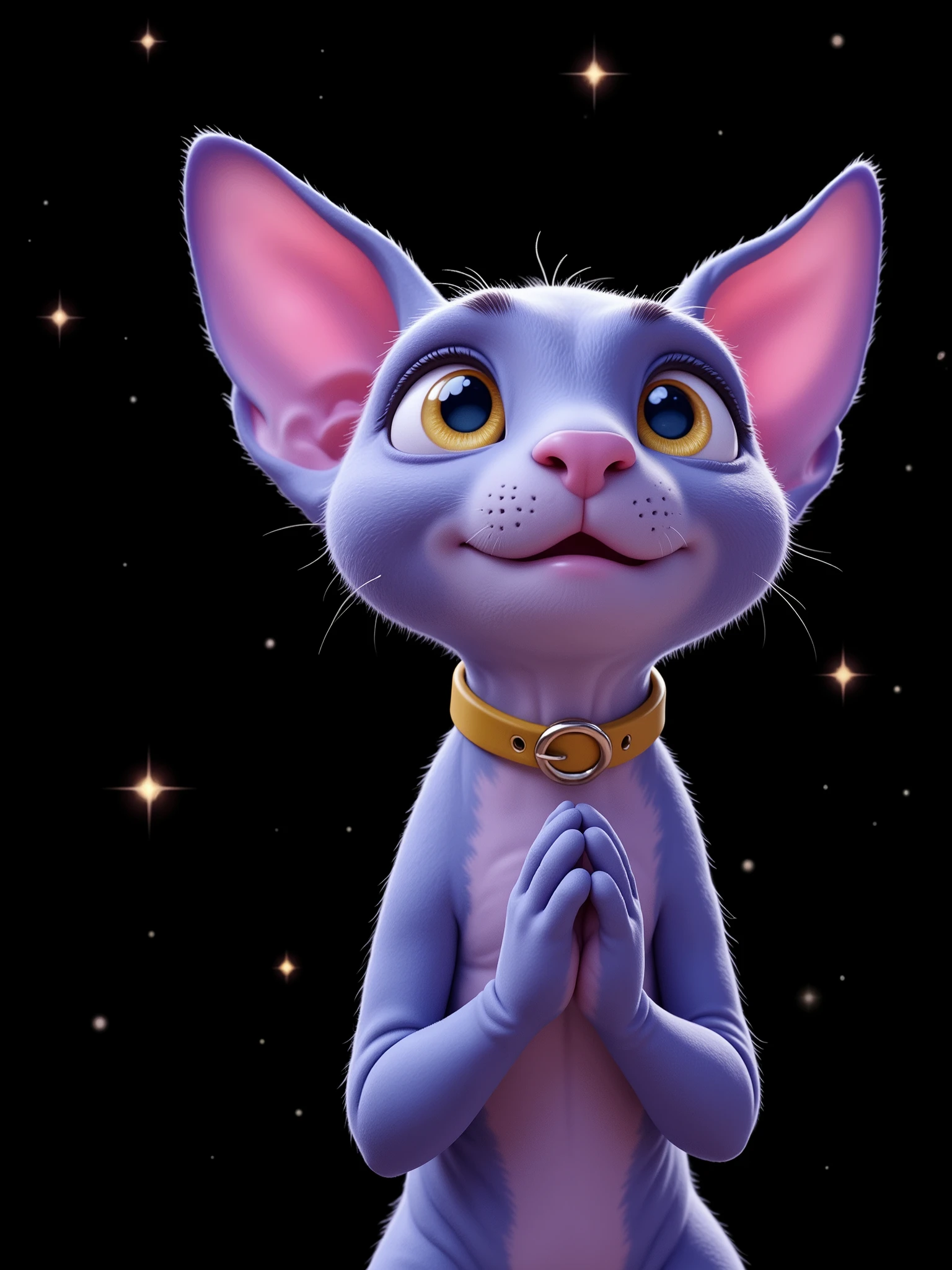 Characteristics of a hairless lilac sphinx kitten: a cute, friendly, charismatic kitten, with Disney's 3D animation features, Pixar style, the features are very attractive to attract the attention of ren, lilac, (hairless), yellow eyes, yellow collar, in a prayer position with its paws together. with a hundred prayer position with its paws together, looking up at the sky, with an expression of hope. The scene opens with a bright starry sky, with a larger and brighter star illuminating the center of the screen. Small rays of light fall from the sky.