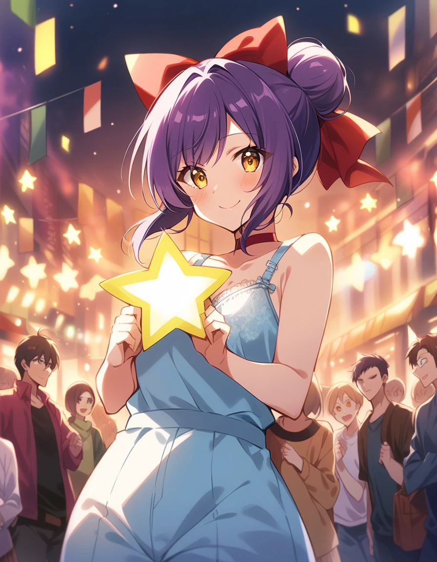 score_9, score_8_up, score_7_up,  source_Anime,  Rating_safe, BREAK Nekomusume  ,  1 girl, Cat girl, Purple Hair,  short hair,  single hair bun,  yellow eyes,  holding a star , hair bow,  red ribbon,  Red Choker , Light blue bra、Light blue pants、whole body、 small tits、smile、Being seen by a lot of people、