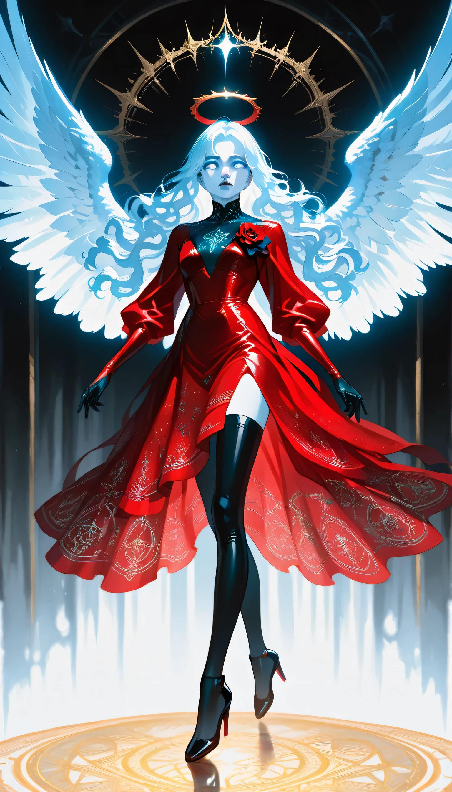 score_9, score_8_up, score_7_up, score_6_up, score_5_up, score_4_up, a picture of magnificent  female angel, busty long hair, dynamic hair color, long hair, wavy hair, shining blue eyes, white wings, wearing intricate elegant (red leather dress: 1.3), wearing ((black high heels: 1.5)), wings have angel wings angel, pale skin, angel wings, wings, white wings, white hair, white eyes, glowing eyes, white dress with golden pattern, Halo, fantasy,  black latex corsage, black stockings, fantasy