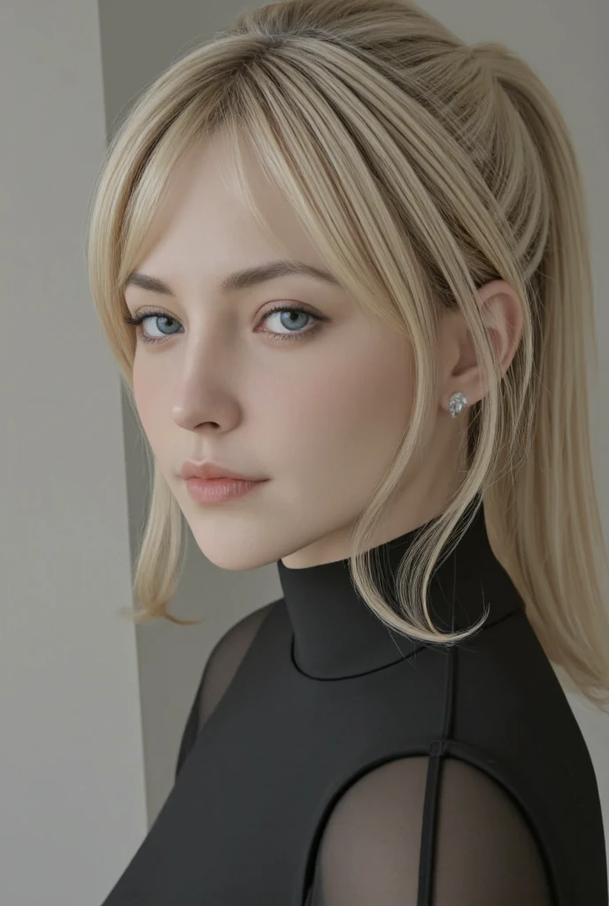  Russian girl , 18 years old, She has blond, detailed hair with short bangs and a ponytail, and blue eyes ,  naturally shaped pupils round with a highlight.  Girl looks right at the camera with a slight smile.  Ultra realistic high-res image (10K, 8k, UHD),  professionally made ,  image emphasizing the natural texture of the skin and the details of the surroundings.extremely sexy photo  , photography style , (очень детальные CG обои для Unity 10K),  high detail,  sharp focus ,  Photorealistic, a slight highlight on the skin , natural-shaped lips .  small ear earrings  ,standing right in front of the camera 