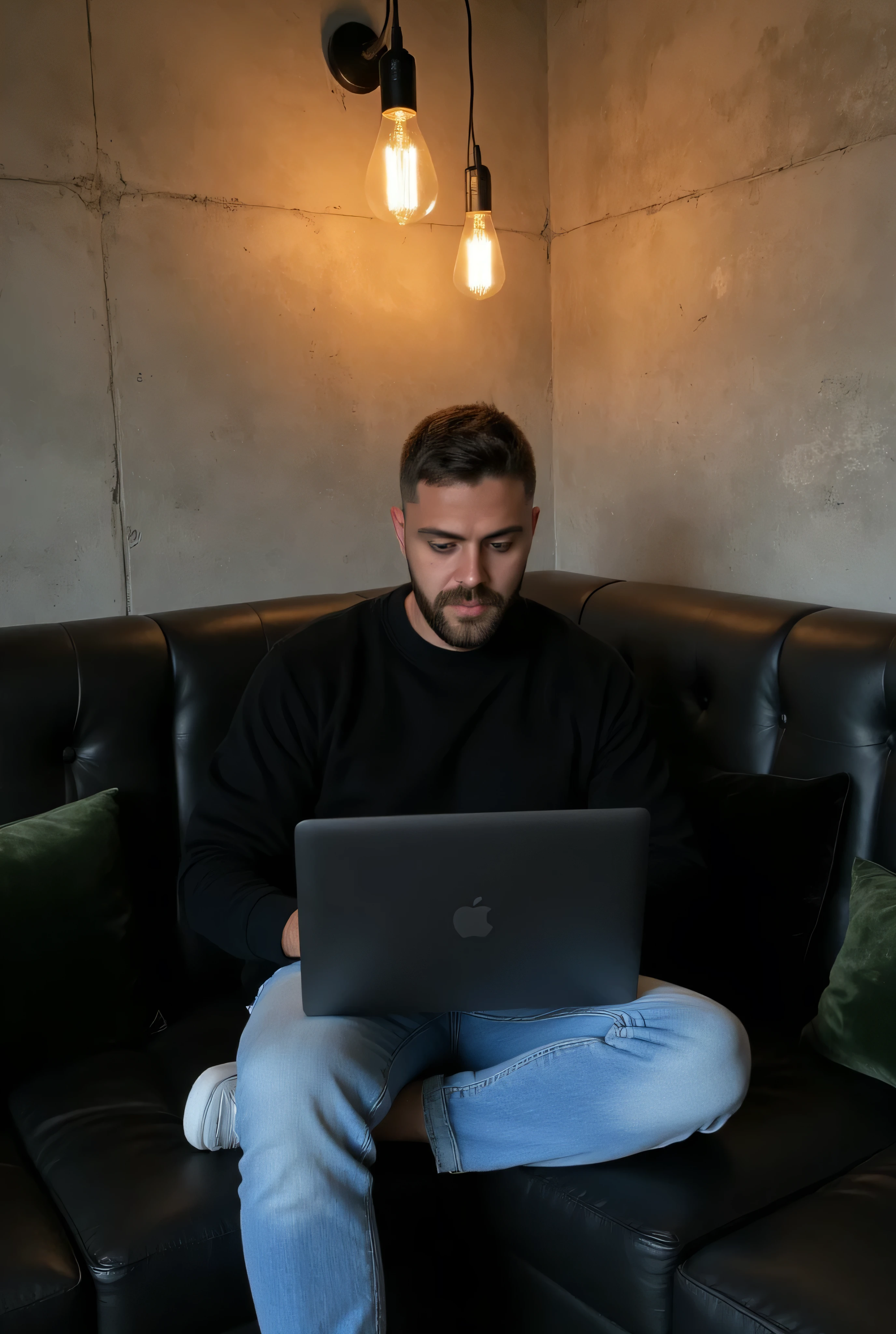 (Masterpiece:1.3), (8K, Photorealistic, RAW photo, Best Quality: 1.4)A stylish, industrial-inspired lounge where a young man sits on a black sofa, absorbed in his black space grey colour MacBook pro. Hair: The hair is short, styled short on the sides and longer on top. The color is a natural dark brown base with subtle hints of lighter brown or warm undertones in the lighting. Beard: The beard is well-groomed and matches the hair color with a dark brown tone, slightly darker than the hair on the head due to its density. There are faint warmer undertones around the jawline and mustache, which add natural definition to the face. The beard is consistent in tone, appearing clean and uniform, complementing the overall hairstyle. Together, the cohesive dark brown tones of the hair and beard create a polished and modern appearance, with a natural warmth that enhances his features.. The room features textured grey concrete walls, creating a unique modern art backdrop. Above him, two exposed filament pendant lights hang, casting warm, atmospheric light that highlights the aged texture of the sofa and the subtle velvet pillows. His outfit0oversized black crewneck sweatshirt and light blue jeans, and white sneakers—adds a clean, contemporary touch to the retro setting. Details: Lighting: Warm and ambient, creating soft shadows and a moody atmosphere. Camera Angle: Wide shot, slightly tilted to emphasize the lines of the wall and subject’s posture. Mood: Cozy, stylish, and industrial. Color Palette: Warm earth tones – browns, grays, copper, and deep green. Artistic Style: Interior photography with a focus on industrial design and minimalistic fashion. Depth of Field: Shallow (sharp focus on subject and immediate surroundings, subtly blurred edges).