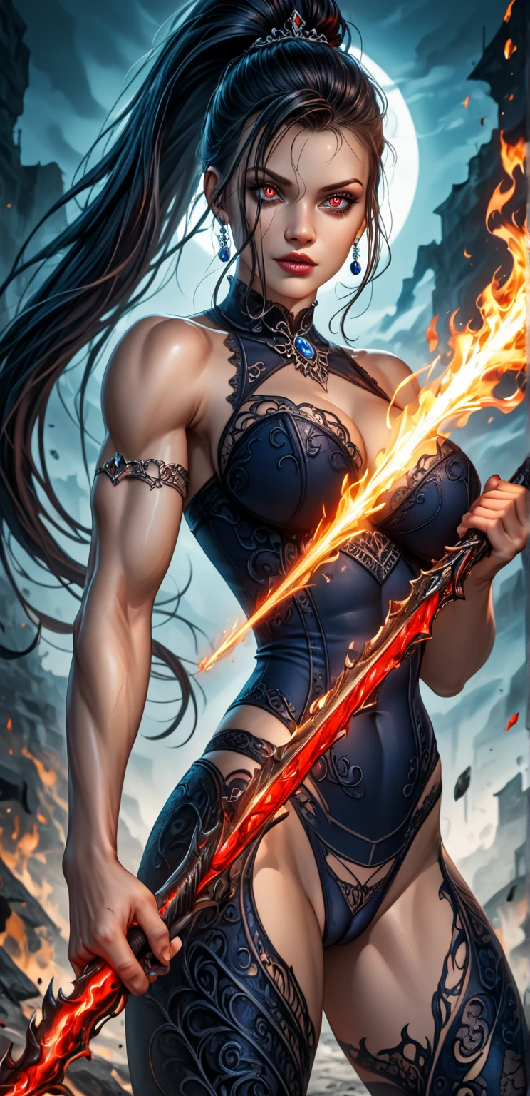 dark and torn, ((alone 1 dark malevolent woman of the underworld,  squinting eyes :1.3)), beautiful muscular body, fierce expression,  holding a flaming sword, long high ponytail hair, (colors in your see-through clothes, dark blue, scarlet: 1.3), see-through lowleg panties, cameltoe, dymanic pose, busty, curvy hips, standing on a desolate land, dramatic lighting, intense shadows, sandy texture ,  high contrast ,  vibrant colors, dynamic pose, Powerful posture, rough background, explosive atmosphere, dystopian theme,  surreal elements , digitally painted illustration, High definition resolution,  INTRICATE DETAILS , dramatic composition, avant-garde and chaotic brushstrokes, gothic style, intense emotions, Scale epic, raw and gritty feeling,  Captivating and provocative works of art..