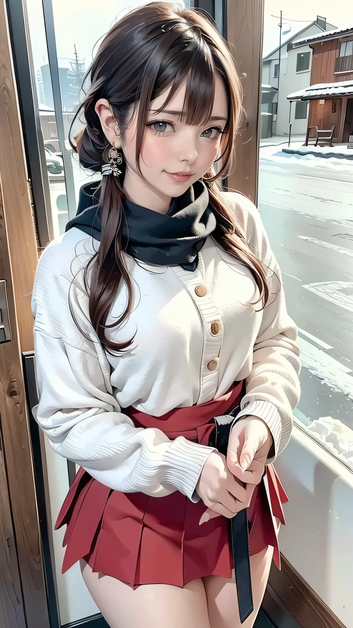 ( top quality，32K High Resolution，  masterpiece  :1.2),      Depict crimson hair down to the smallest detail  ，1 person，   The skirt was rolled up    ，(ＪＣ，      sailor suit     ，     pleated skirt )，( Very small physique     ，    Jet Black Hair    )，Product Selection，     PROFILE   ，smile，  Full of hope ，     cute underwear with the skirt rolled up colorful underwear arranged in an orderly manner，      light up  ，      Soft and delicate texture      ，Impressive，       bright color彩，Delicate fabric，       attention to detail，Beautiful       attention to detail，      warm scarf    ，     Beautiful lip details    ， I have long eyelashes     ，       bright color，     SOFT AND WARM COLOR ，winter，the winter snow scene，