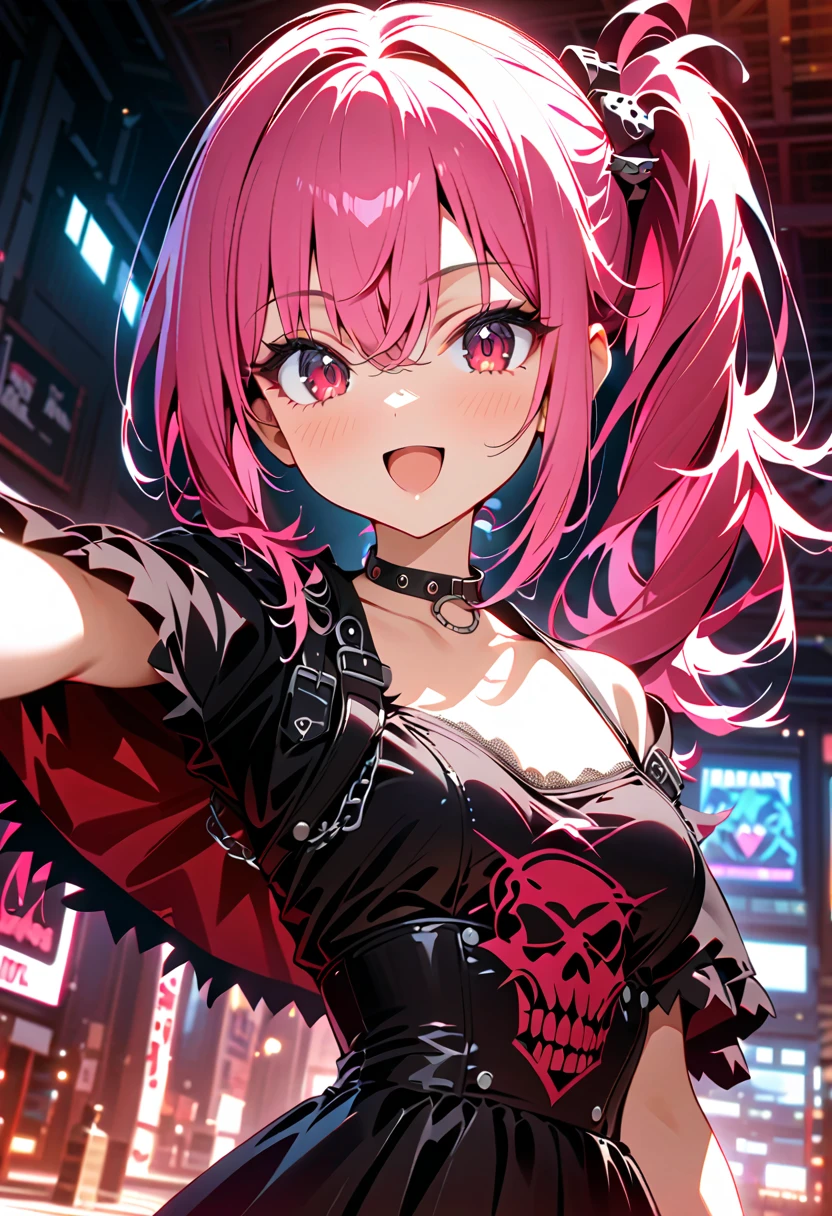 1 girl, (punk rock girl), bangs, red eyes, relucent light in hair, clavicle, hair between eyes, long hair, open mouth, smile, pink hair, Sparkling hair, side ponytail, (cowboy shot, looking at viewer, face focus), deep depth of field, stunning, fascinating, enchanting, cinematic lighting, cinematic composition, anime style, vibrant colors, thin lines, absurdres, highres, masterpiece, best quality, newest, very aesthetic, ultra quality, high detailed, anatomically correct, perfect hands,