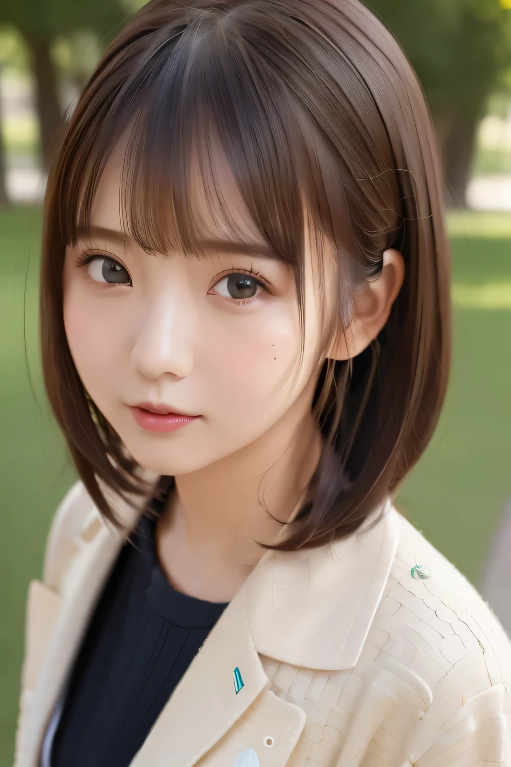 (kawaiipunk:1.2)、(masterpiece、 top quality 、 Super detailed description、 super high resolution )、 girl、solo、 slim、 Slender、cute、 idol face、Face Shot、 wear a jacket 、 brown hair 