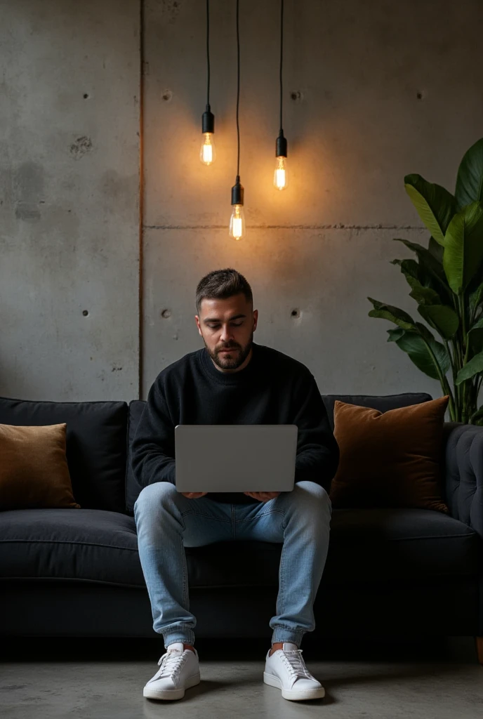 Masterpiece:1.3), (8K, Photorealistic, RAW photo, Best Quality: 1.4)A stylish, industrial-inspired lounge where a young man sits on a black sofa, absorbed in his black space grey colour MacBook pro. Hair: The hair is short, styled short on the sides and longer on top. The color is a natural dark brown base with subtle hints of lighter brown or warm undertones in the lighting. Beard: The beard is well-groomed and matches the hair color with a dark brown tone, slightly darker than the hair on the head due to its density. There are faint warmer undertones around the jawline and mustache, which add natural definition to the face. The beard is consistent in tone, appearing clean and uniform, complementing the overall hairstyle. Together, the cohesive dark brown tones of the hair and beard create a polished and modern appearance, with a natural warmth that enhances his features.. The room features textured grey concrete walls, creating a unique modern art backdrop. Above him, two exposed filament pendant lights hang, casting warm, atmospheric light that highlights the aged texture of the sofa and the subtle velvet pillows. His outfit0oversized black crewneck sweatshirt and light blue jeans, and white sneakers—adds a clean, contemporary touch to the retro setting. Details: Lighting: Warm and ambient, creating soft shadows and a moody atmosphere. Camera Angle: Wide shot, slightly tilted to emphasize the lines of the wall and subject’s posture. Mood: Cozy, stylish, and industrial. Color Palette: Warm earth tones – browns, grays, copper, and deep green. Artistic Style: Interior photography with a focus on industrial design and minimalistic fashion. Depth of Field: Shallow (sharp focus on subject and immediate surroundings, subtly blurred edges).