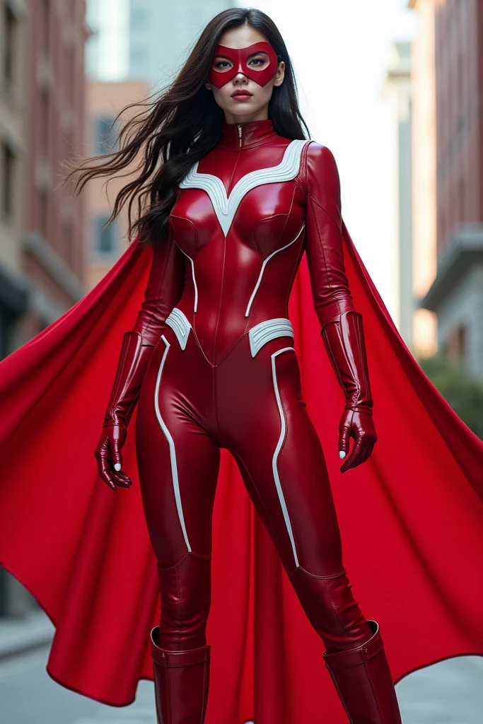 (best quality,4k,8k,highres,masterpiece:1.2), ultra-detailed, (realistic,photorealistic,photo-realistic:1.37), HDR, UHD, studio lighting, extreme detail description, professional, vivid colors, bokeh, women's hero, brown hair, wearing red spandex suit, with no skin showing, has blue circle on her chest, wearing blue gloves, wearing blue boots, confident, heroic pose, vibrant background, greenery, dynamic action, intense expression, atmospheric lighting, surreal, bold strokes of paint, intense shadows and highlights, mysterious ambiance, epic scene, and lives in destroyed city