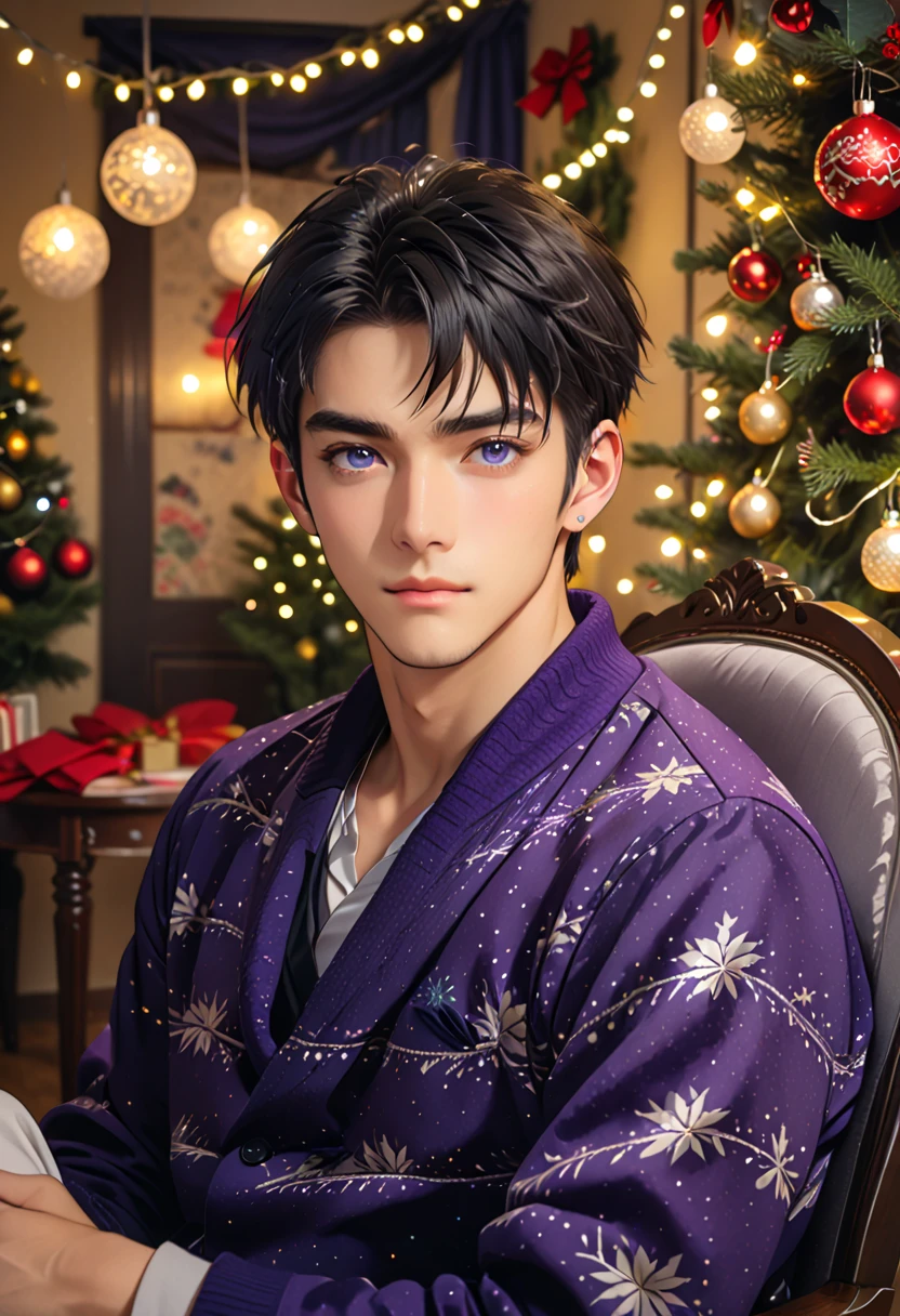 Otome man style, anime style, Man, handsome man, sitting on a chair, Christmas decorations in the background, boy with purple eyes and black hair. 25 year old man, alone, single, one , thin, handsome, looks at the viewer, details on eyes and hair, Christmas lights behind, background Christmas decorated room. 