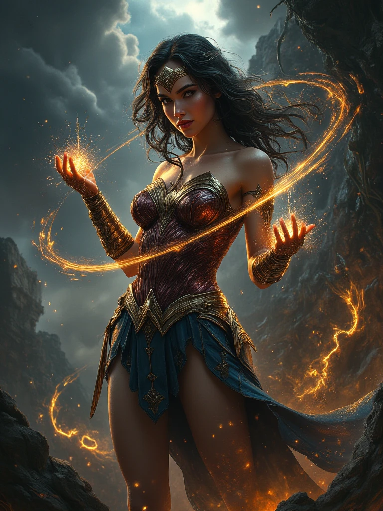 A mystical and sinister depiction of Wonder Woman as the Witch of Olympus, wielding forbidden magic to reshape the world. Her armor is a fusion of dark leather and mystical fabrics, glowing with ancient glyphs and symbols of power. Her tiara now floats above her head like a glowing halo, and her lasso has transformed into a whip of fiery, golden light, crackling with magical energy.
Her hands shimmer with raw, arcane power as she levitates above the ruins of Olympus, her expression calm yet terrifying. Behind her, the once-great temples of the gods are now twisted and broken, with vines of magical energy creeping across the stone. The sky is dark and swirling, with glowing portals to other realms opening in the background. This dark Wonder Woman channels forbidden knowledge, blending her warrior strength with the mysticism of Olympus to become a being of unimaginable power.