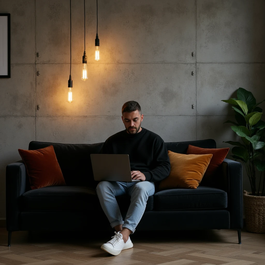 Masterpiece:1.3), (8K, Photorealistic, RAW photo, Best Quality: 1.4)A stylish, industrial-inspired lounge where a young man sits on a black sofa, absorbed in his black space grey colour MacBook pro. Hair: The hair is short, styled short on the sides and longer on top. The color is a natural dark brown base with subtle hints of lighter brown or warm undertones in the lighting. Beard: The beard is well-groomed and matches the hair color with a dark brown tone, slightly darker than the hair on the head due to its density. There are faint warmer undertones around the jawline and mustache, which add natural definition to the face. The beard is consistent in tone, appearing clean and uniform, complementing the overall hairstyle. Together, the cohesive dark brown tones of the hair and beard create a polished and modern appearance, with a natural warmth that enhances his features.. The room features textured grey concrete walls, creating a unique modern art backdrop. Above him, two exposed filament pendant lights hang, casting warm, atmospheric light that highlights the aged texture of the sofa and the subtle velvet pillows. His outfit0oversized black crewneck sweatshirt and light blue jeans, and white sneakers—adds a clean, contemporary touch to the retro setting. Details: Lighting: Warm and ambient, creating soft shadows and a moody atmosphere. Camera Angle: Wide shot, slightly tilted to emphasize the lines of the wall and subject’s posture. Mood: Cozy, stylish, and industrial. Color Palette: Warm earth tones – browns, grays, copper, and deep green. Artistic Style: Interior photography with a focus on industrial design and minimalistic fashion. Depth of Field: Shallow (sharp focus on subject and immediate surroundings, subtly blurred edges).