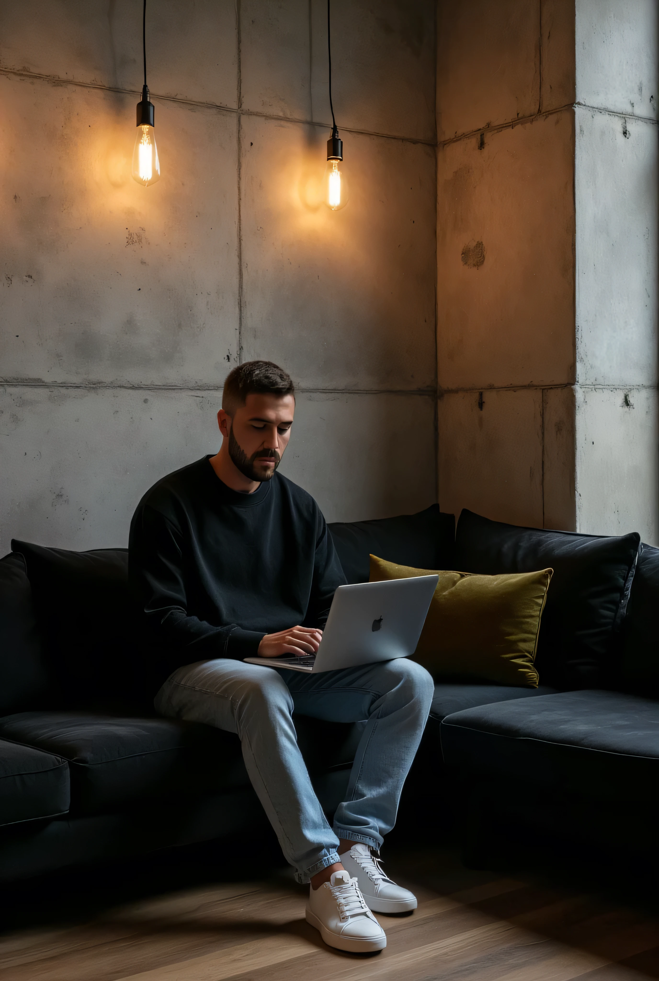 Masterpiece:1.3), (8K, Photorealistic, RAW photo, Best Quality: 1.4)A stylish, industrial-inspired lounge where a young man sits on a black sofa, absorbed in his black space grey colour MacBook pro. Hair: The hair is short, styled short on the sides and longer on top. The color is a natural dark brown base with subtle hints of lighter brown or warm undertones in the lighting. Beard: The beard is well-groomed and matches the hair color with a dark brown tone, slightly darker than the hair on the head due to its density. There are faint warmer undertones around the jawline and mustache, which add natural definition to the face. The beard is consistent in tone, appearing clean and uniform, complementing the overall hairstyle. Together, the cohesive dark brown tones of the hair and beard create a polished and modern appearance, with a natural warmth that enhances his features.. The room features textured grey concrete walls, creating a unique modern art backdrop. Above him, two exposed filament pendant lights hang, casting warm, atmospheric light that highlights the aged texture of the sofa and the subtle velvet pillows. His outfit0oversized black crewneck sweatshirt and light blue jeans, and white sneakers—adds a clean, contemporary touch to the retro setting. Details: Lighting: Warm and ambient, creating soft shadows and a moody atmosphere. Camera Angle: Wide shot, slightly tilted to emphasize the lines of the wall and subject’s posture. Mood: Cozy, stylish, and industrial. Color Palette: Warm earth tones – browns, grays, copper, and deep green. Artistic Style: Interior photography with a focus on industrial design and minimalistic fashion. Depth of Field: Shallow (sharp focus on subject and immediate surroundings, subtly blurred edges).