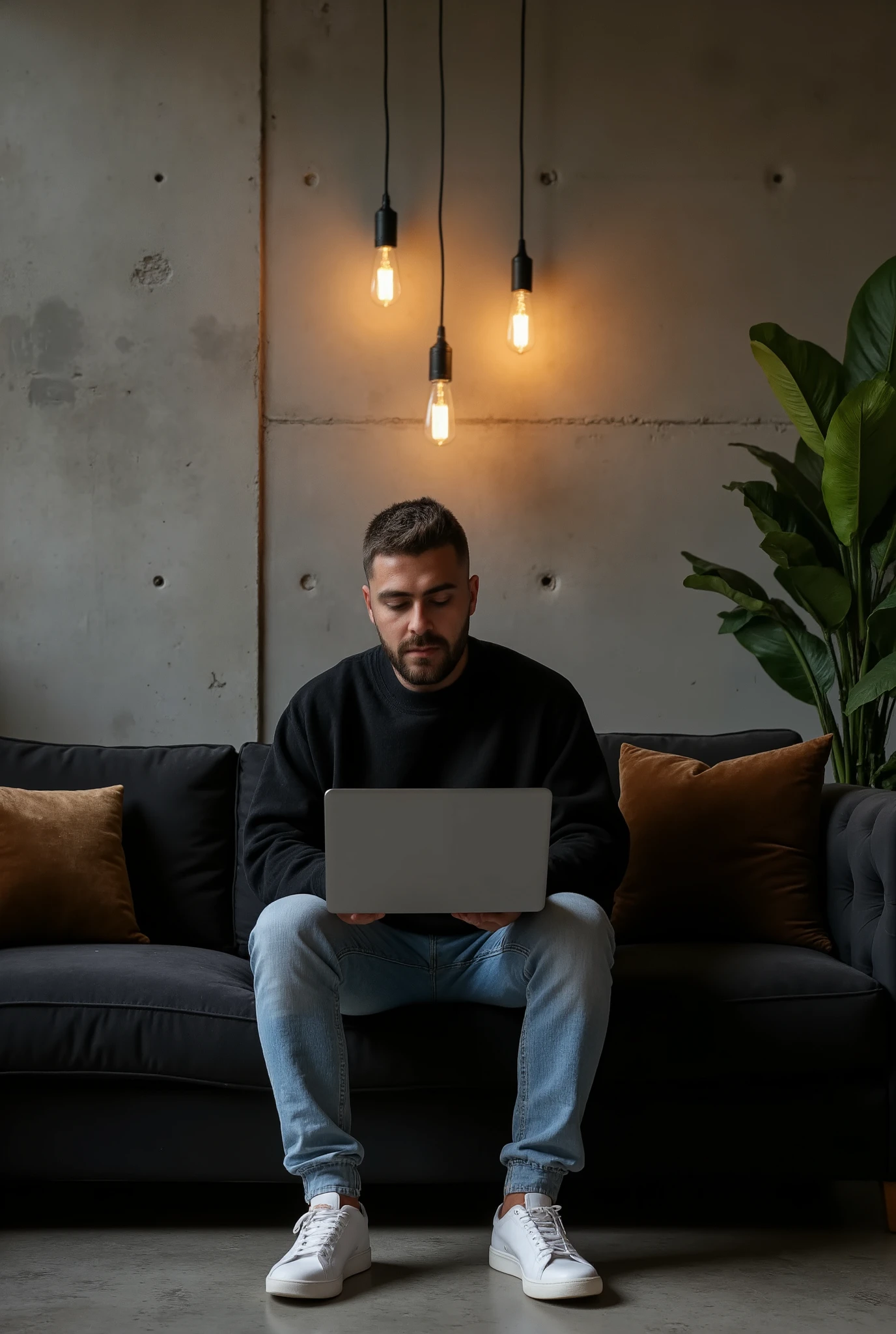 Masterpiece:1.3), (8K, Photorealistic, RAW photo, Best Quality: 1.4)A stylish, industrial-inspired lounge where a young man sits on a black sofa, absorbed in his black space grey colour MacBook pro. Hair: The hair is short, styled short on the sides and longer on top. The color is a natural dark brown base with subtle hints of lighter brown or warm undertones in the lighting. Beard: The beard is well-groomed and matches the hair color with a dark brown tone, slightly darker than the hair on the head due to its density. There are faint warmer undertones around the jawline and mustache, which add natural definition to the face. The beard is consistent in tone, appearing clean and uniform, complementing the overall hairstyle. Together, the cohesive dark brown tones of the hair and beard create a polished and modern appearance, with a natural warmth that enhances his features.. The room features textured grey concrete walls, creating a unique modern art backdrop. Above him, two exposed filament pendant lights hang, casting warm, atmospheric light that highlights the aged texture of the sofa and the subtle velvet pillows. His outfit0oversized black crewneck sweatshirt and light blue jeans, and white sneakers—adds a clean, contemporary touch to the retro setting. Details: Lighting: Warm and ambient, creating soft shadows and a moody atmosphere. Camera Angle: Wide shot, slightly tilted to emphasize the lines of the wall and subject’s posture. Mood: Cozy, stylish, and industrial. Color Palette: Warm earth tones – browns, grays, copper, and deep green. Artistic Style: Interior photography with a focus on industrial design and minimalistic fashion. Depth of Field: Shallow (sharp focus on subject and immediate surroundings, subtly blurred edges).