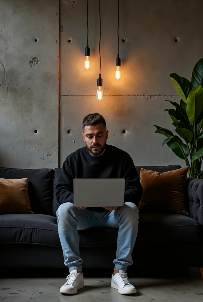 Masterpiece:1.3), (8K, Photorealistic, RAW photo, Best Quality: 1.4)A stylish, industrial-inspired lounge where a young man sits on a black sofa, absorbed in his black space grey colour MacBook pro. Hair: The hair is short, styled short on the sides and longer on top. The color is a natural dark brown base with subtle hints of lighter brown or warm undertones in the lighting. Beard: The beard is well-groomed and matches the hair color with a dark brown tone, slightly darker than the hair on the head due to its density. There are faint warmer undertones around the jawline and mustache, which add natural definition to the face. The beard is consistent in tone, appearing clean and uniform, complementing the overall hairstyle. Together, the cohesive dark brown tones of the hair and beard create a polished and modern appearance, with a natural warmth that enhances his features.. The room features textured grey concrete walls, creating a unique modern art backdrop. Above him, two exposed filament pendant lights hang, casting warm, atmospheric light that highlights the aged texture of the sofa and the subtle velvet pillows. His outfit0oversized black crewneck sweatshirt and light blue jeans, and white sneakers—adds a clean, contemporary touch to the retro setting. Details: Lighting: Warm and ambient, creating soft shadows and a moody atmosphere. Camera Angle: Wide shot, slightly tilted to emphasize the lines of the wall and subject’s posture. Mood: Cozy, stylish, and industrial. Color Palette: Warm earth tones – browns, grays, copper, and deep green. Artistic Style: Interior photography with a focus on industrial design and minimalistic fashion. Depth of Field: Shallow (sharp focus on subject and immediate surroundings, subtly blurred edges).