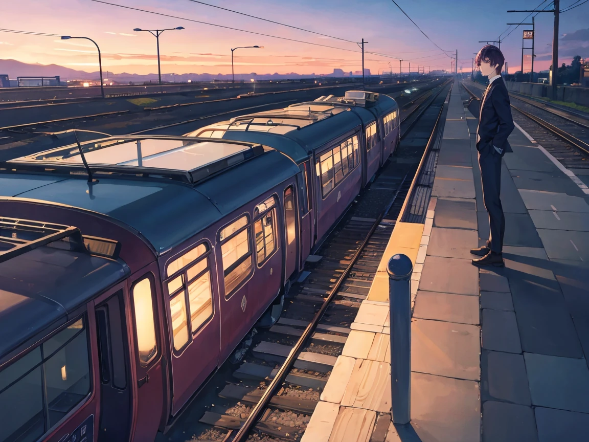 A man with short dark purple hair wears simple clothes and observes a crowd from a distance at an old train station at dusk