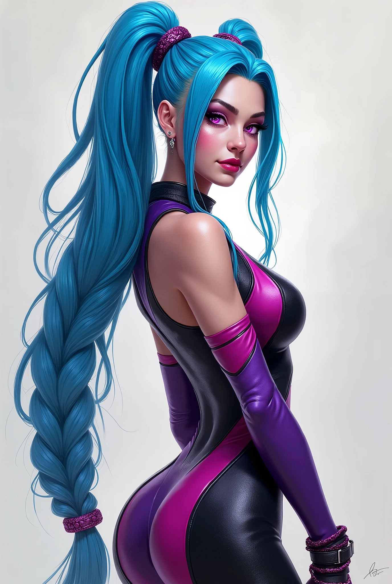 Realistic full body painting image of Jinx video game character with long blue braid and pink eyes purple and black dress. 