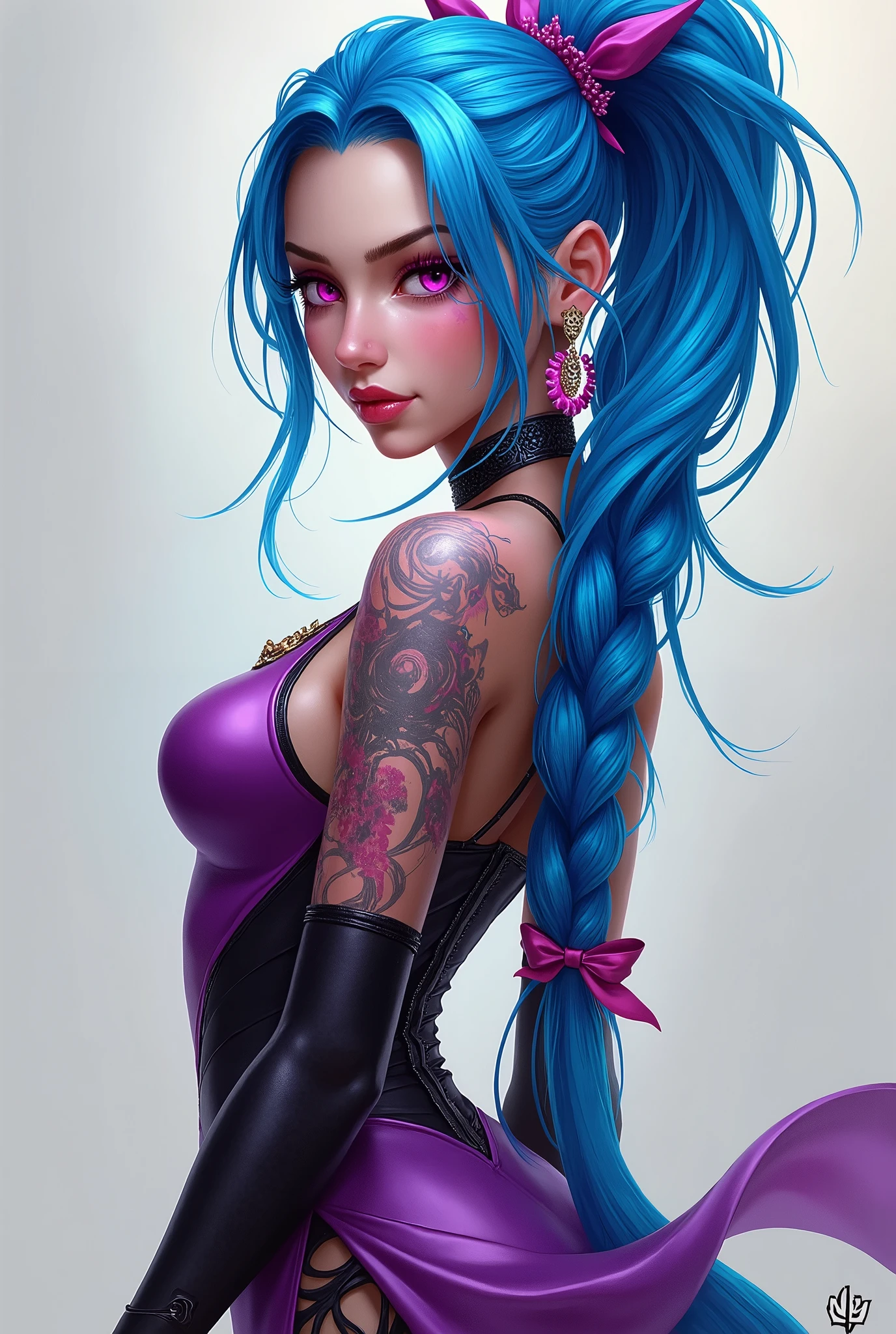 Realistic full body painting image of Jinx video game character with long blue braid and pink eyes purple and black dress. 