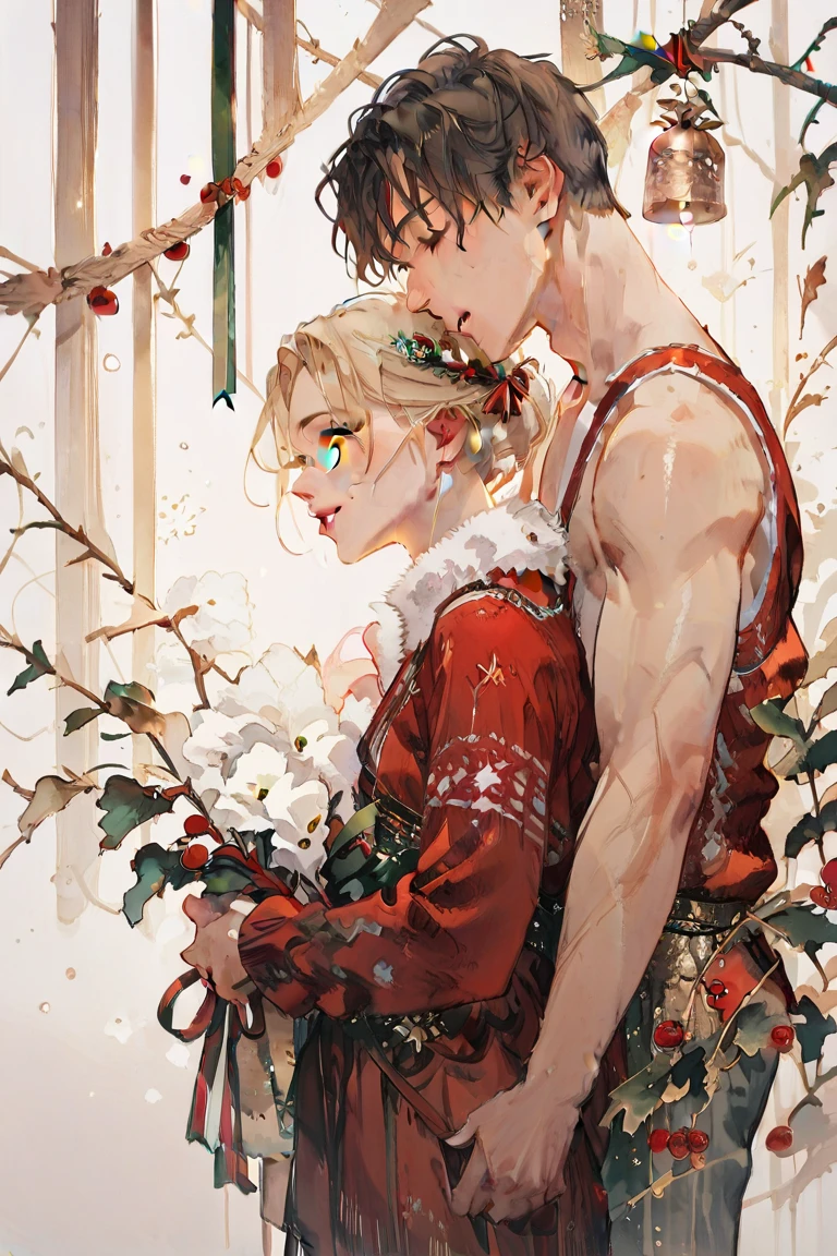  romantic atmosphere ,  Very detailed,  high resolution , ​masterpiece, Sharp focus,  Official Art , Christmas,couple, man and woman, SFW, happy 