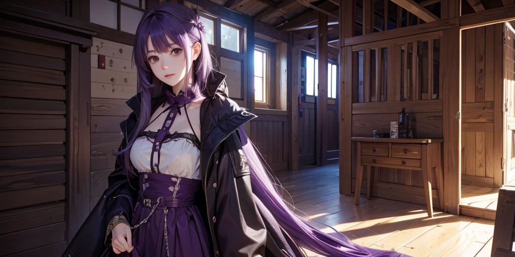 Purple-haired girl ，Half Body，Looking to the end，In a wooden house