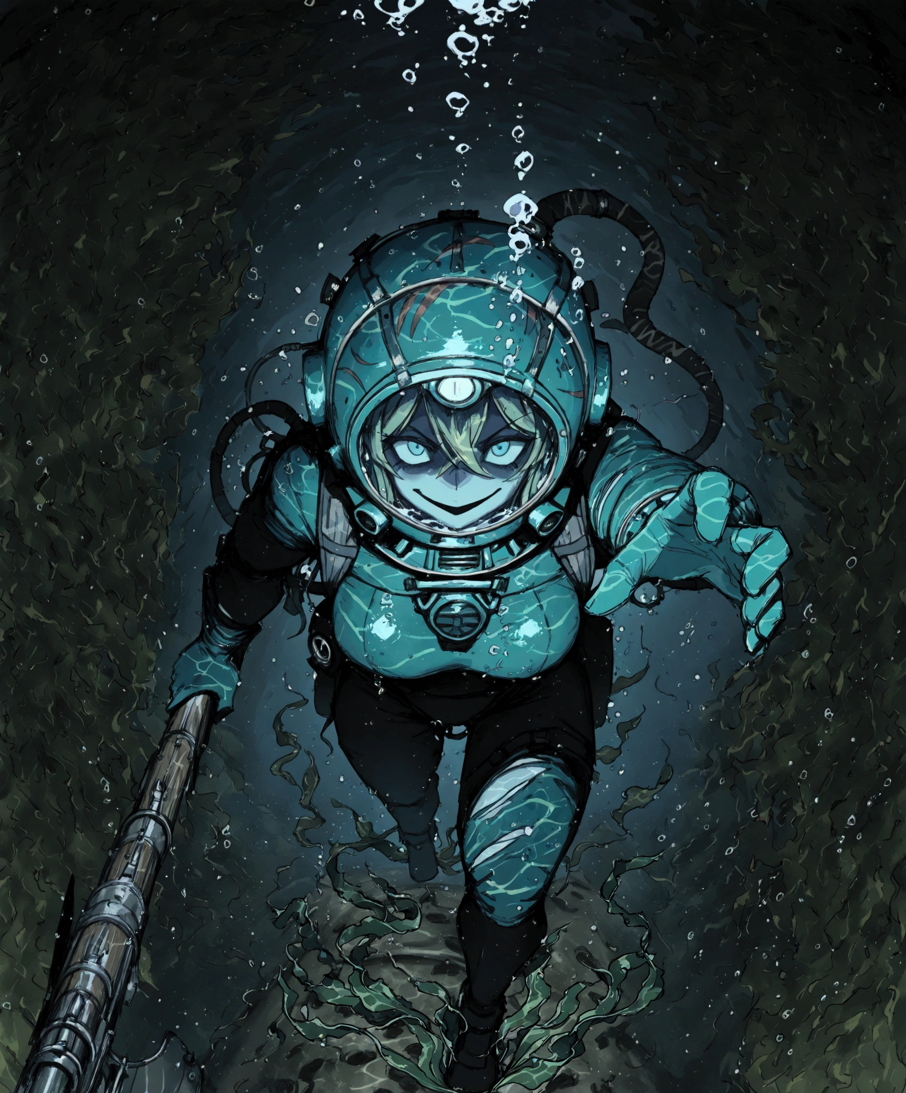 female deep sea Diver walking along the sea floor amongst shipwrecks, she's holding a rusty spear gun and her deep sea diving helmet is rusty as well as her diving suit is ripped and torn while emanating a ghostly green Glow, underwater, shipwrecks, deep sea diving helmet, 4K ultra detail the comma half and done, holding up in gun, reaching out with one hand, barnacles, seaweed, (Mark 5 diving helmet:1.5), shipwrecks, walking, horror_(theme), ghost, evil, looking at viewer, holding spear gun, ghostly green Glow, 1girl, solo, large_breasts, muscular, barnacles, rust, (shipwrecks:1.6), multiple shipwrecks, (phantom deep sea diva:1.4), broken air hose, bubbles, (underwater:1.7), upper body, portrait, pov, evil_eyes, evil_smile, night, darkness, [barnacles on diving suit], rusty_diving_suit, line_art, ghostly green Glow, phantom of the sea, (evil smile:1.3), ((Draped in seaweed:1.6)), Background, Detailed background, skeleton