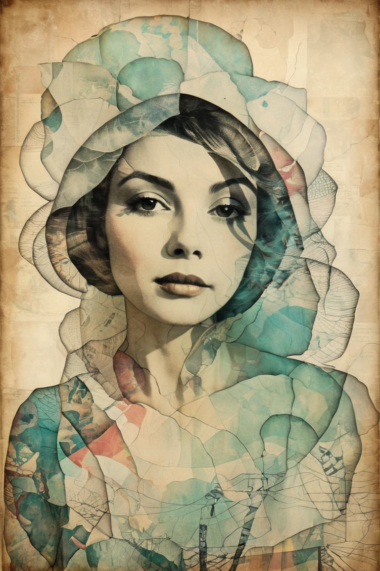 A beautiful woman, double exposure, surreal artwork, printed on cracked paper, artful, aesthetic, muted colour scheme, unusual, vintage feel
