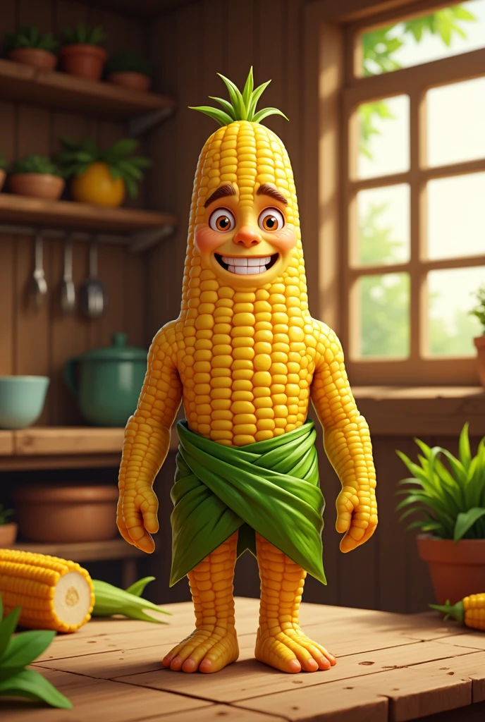 ((A creative anthropomorphic interpretation of a named: “Joel pamonha,”)) inspired by the traditional Brazilian pamonha. The character’s ((**body is crafted from smooth, creamy yellow corn paste**)), giving him a soft, ((glossy_texture:1.5)), slightly shiny from the natural oils of the pamonha. He is wrapped tightly in ((vibrant green corn husks)), forming a makeshift outfit resembling a rustic tunic. His ((arms and legs emerge from the sides)), with a texture that mimics the golden corn paste, and his hands and feet are cartoonishly shaped like mini corn kernels.
The ((Joel brazilian man face is expressive and friendly)), with exaggerated features like big, warm eyes and a broad smile, emphasizing his inviting personality. His head is slightly rounded, topped with decorative corn husks that resemble tousled hair, adding a playful and whimsical touch.
The setting mirrors a ((Brazilian countryside kitchen)), with natural light streaming through a window, highlighting the golden hues of his body. The background includes fresh corn cobs, green husks, and rustic wooden elements, connecting him to his culinary roots. The atmosphere is warm and inviting, blending ((traditional Brazilian culture)) with a humorous, anthropomorphic twist.
**| Brazilian food humor | anthropomorphic pamonha | cartoon style | warm lighting | countryside vibe | cultural reference | playful and creative design | ultra-detailed textures | vibrant colors**.