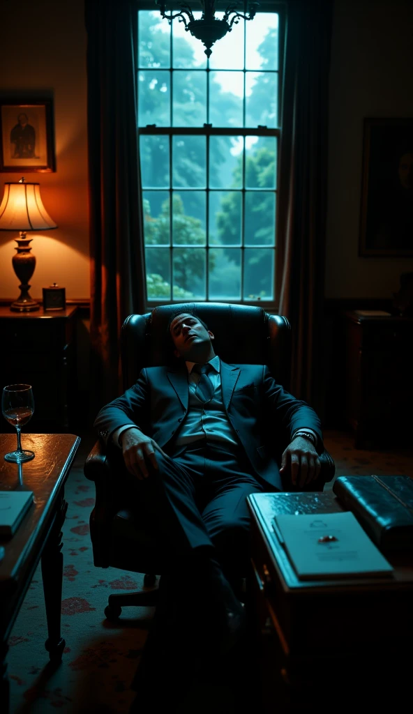  An elegant office room of a billionaire ,  illuminated by faint lights .  In the center, the billionaire Samuel Grayson dead in his office chair with his head lying on his side and his eyes closed, and an office table with a wine glass lying on the table, with a mysterious residue dripping from the cup . The environment must convey a mysterious and dark air ,  with shadows cast that suggest mystery and tension ."

