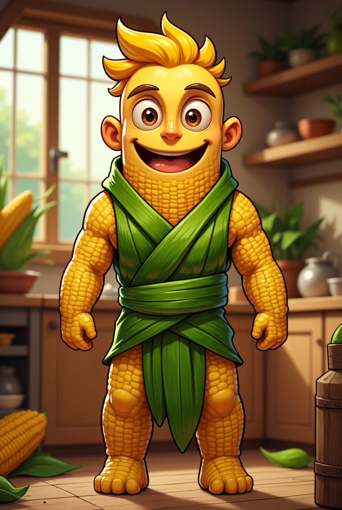 ((A creative anthropomorphic interpretation of a named: “Joel pamonha,”)) inspired by the traditional Brazilian pamonha. The character’s ((**body is crafted from smooth, creamy yellow corn paste**)), giving him a soft, ((glossy_texture:1.5)), slightly shiny from the natural oils of the pamonha. He is wrapped tightly in ((vibrant green corn husks)), forming a makeshift outfit resembling a rustic tunic. His ((arms and legs emerge from the sides)), with a texture that mimics the golden corn paste, and his hands and feet are cartoonishly shaped like mini corn kernels.
The ((Joel brazilian man face is expressive and friendly)), with exaggerated features like big, warm eyes and a broad smile, emphasizing his inviting personality. His head is slightly rounded, topped with decorative corn husks that resemble tousled hair, adding a playful and whimsical touch.
The setting mirrors a ((Brazilian countryside kitchen)), with natural light streaming through a window, highlighting the golden hues of his body. The background includes fresh corn cobs, green husks, and rustic wooden elements, connecting him to his culinary roots. The atmosphere is warm and inviting, blending ((traditional Brazilian culture)) with a humorous, anthropomorphic twist.
**| Brazilian food humor | anthropomorphic pamonha | cartoon style | warm lighting | countryside vibe | cultural reference | playful and creative design | ultra-detailed textures | vibrant colors**.