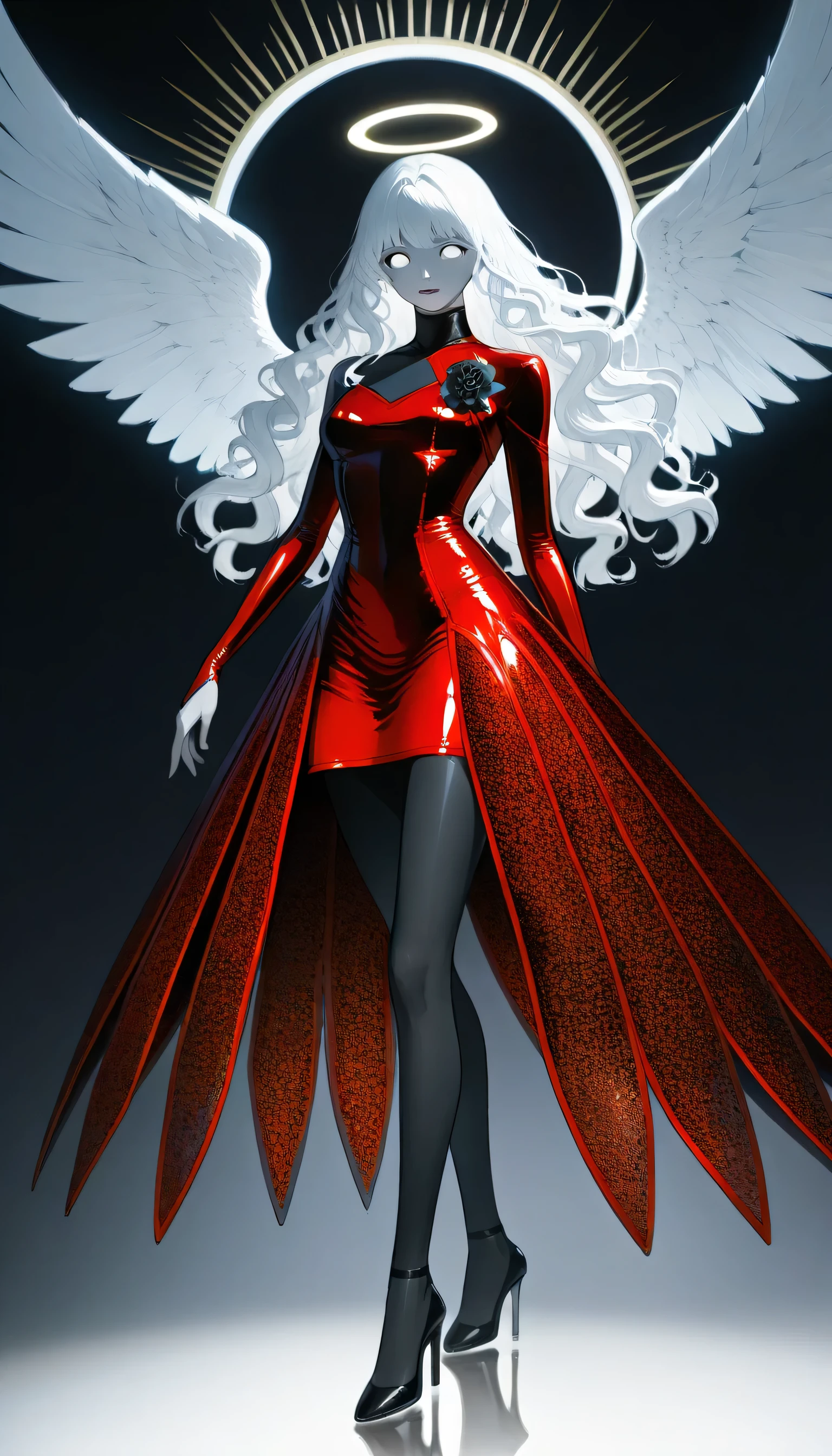 score_9, score_8_up, score_7_up, score_6_up, score_5_up, score_4_up, a picture of magnificent  female angel, busty long hair, dynamic hair color, long hair, wavy hair, shining blue eyes, white wings, wearing intricate elegant (red leather dress: 1.3), wearing ((black high heels: 1.5)), wings have angel wings angel, pale skin, angel wings, wings, white wings, white hair, white eyes, glowing eyes, white dress with golden pattern, Halo, fantasy,  black latex corsage, black stockings, Hyperrealism style, anime