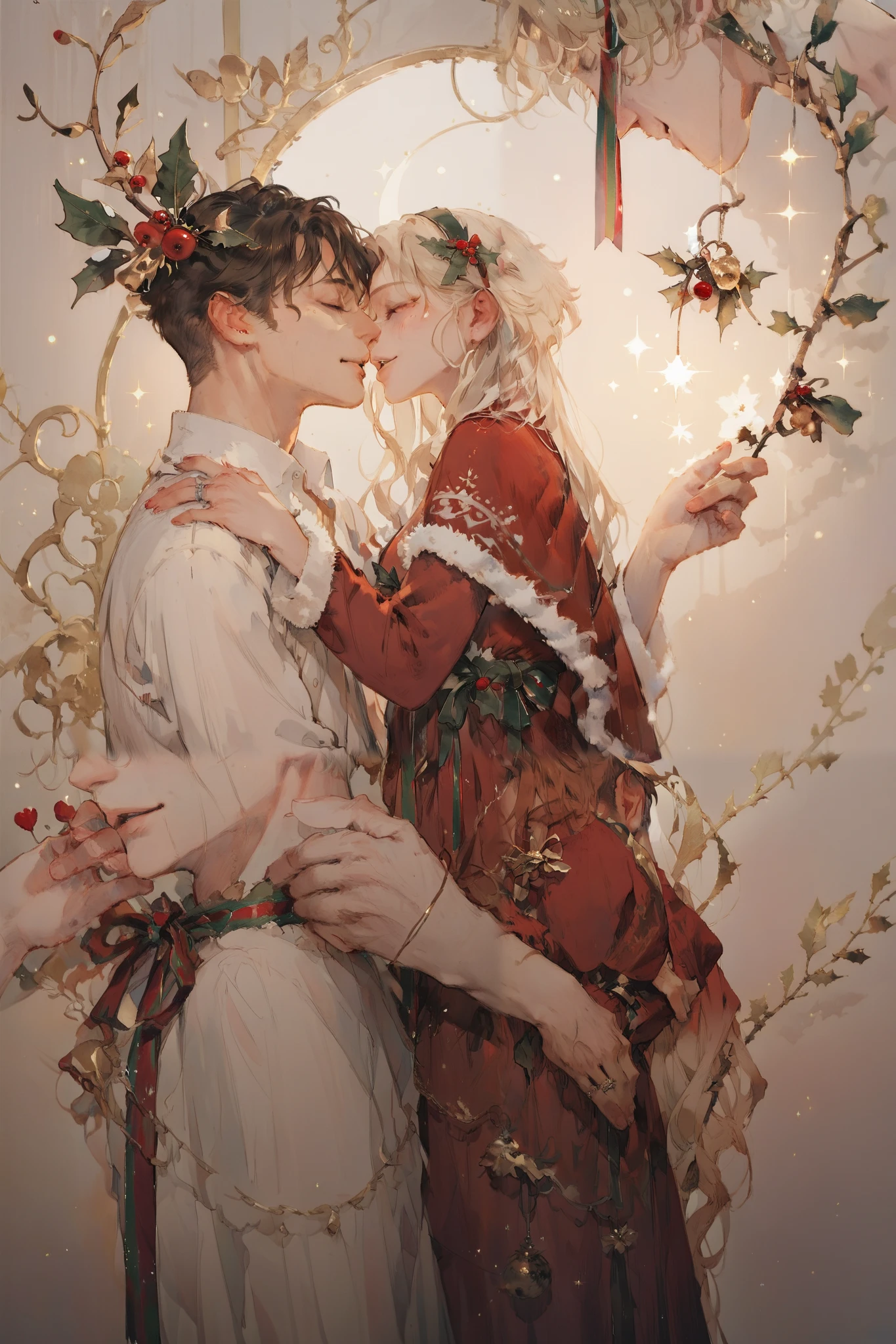  romantic atmosphere ,  Very detailed,  high resolution , ​masterpiece, Sharp focus,  Official Art , Christmas,couple, man and woman, SFW, happy 