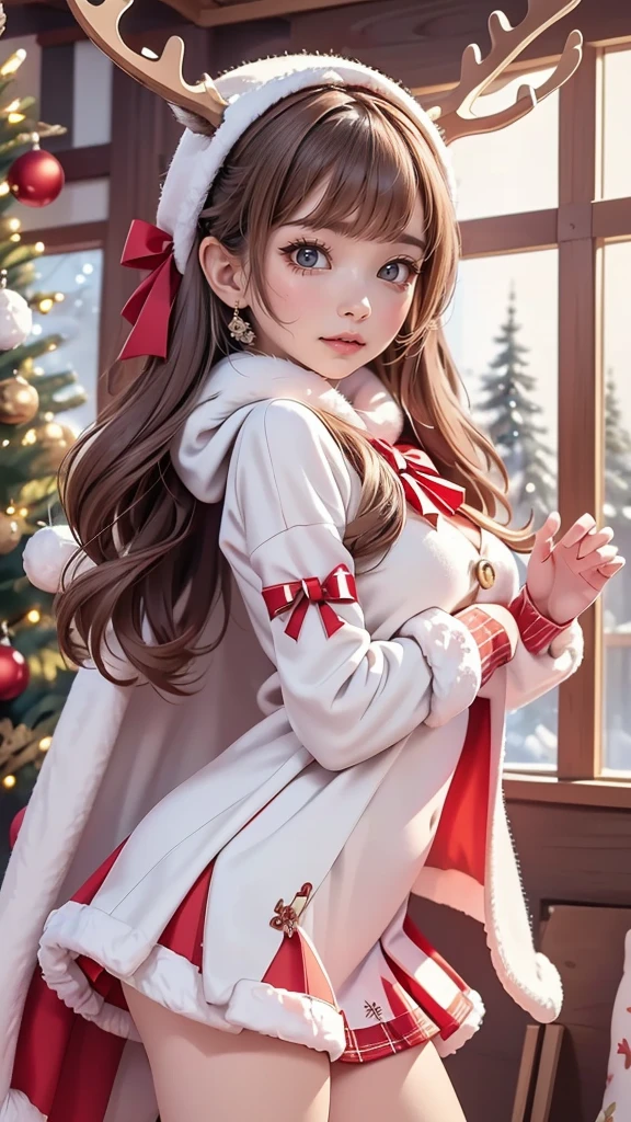 Kawaii style,Digital Painting,best quality,cute reindeer girl,Christmas cape with antler hood,brown and white outfit,red bow,playful pose,bright eyes,short skirt,festive atmosphere,snowy Christmas background,decorated tree,twinkling lights,wooden cabin,soft lighting,warm holiday mood,soft brush strokes