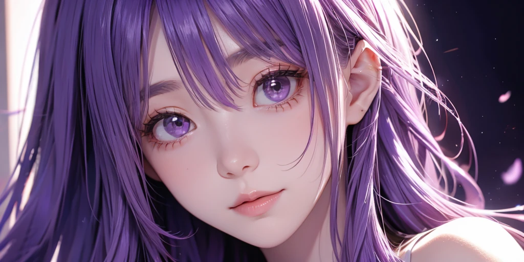 Purple-haired girl ， and look into the camera，In the room