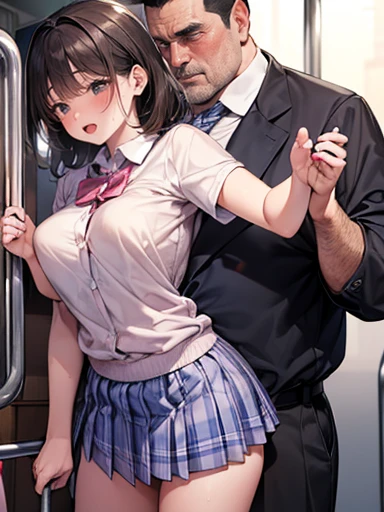 ((Men and women having sex on a crowded train)), (Doggish sex), a man who puts a penis in a girl's vagina from behind, ((sex)), (standing sex from back), (A fat middle-aged man in a jersey hugging a girl with a sweaty shirt from behind), a sweaty girl, a man grabs the girl's chest from behind, ((masterpiece)), ((best quality)), (ultra-detailed), ((kawaii)), cute, (lovely), ((sexy)), (ero), ((extremely detailed)), 4K, (8K), best quality, (beautiful), (A slender girl in school uniform), Striped skirt, panties and bra setup