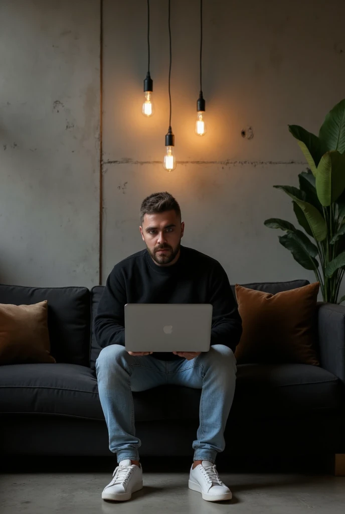 Masterpiece:1.3), (8K, Photorealistic, RAW photo, Best Quality: 1.4)A stylish, industrial-inspired lounge where a young man sits on a black sofa, absorbed in his black space grey colour MacBook pro. Hair: The hair is short, styled short on the sides and longer on top. The color is a natural dark brown base with subtle hints of lighter brown or warm undertones in the lighting. Beard: The beard is well-groomed and matches the hair color with a dark brown tone, slightly darker than the hair on the head due to its density. There are faint warmer undertones around the jawline and mustache, which add natural definition to the face. The beard is consistent in tone, appearing clean and uniform, complementing the overall hairstyle. Together, the cohesive dark brown tones of the hair and beard create a polished and modern appearance, with a natural warmth that enhances his features.. The room features textured grey concrete walls, creating a unique modern art backdrop. Above him, two exposed filament pendant lights hang, casting warm, atmospheric light that highlights the aged texture of the sofa and the subtle velvet pillows. His outfit0oversized black crewneck sweatshirt and light blue jeans, and white sneakers—adds a clean, contemporary touch to the retro setting. Details: Lighting: Warm and ambient, creating soft shadows and a moody atmosphere. Camera Angle: Wide shot, slightly tilted to emphasize the lines of the wall and subject’s posture. Mood: Cozy, stylish, and industrial. Color Palette: Warm earth tones – browns, grays, copper, and deep green. Artistic Style: Interior photography with a focus on industrial design and minimalistic fashion. Depth of Field: Shallow (sharp focus on subject and immediate surroundings, subtly blurred edges).