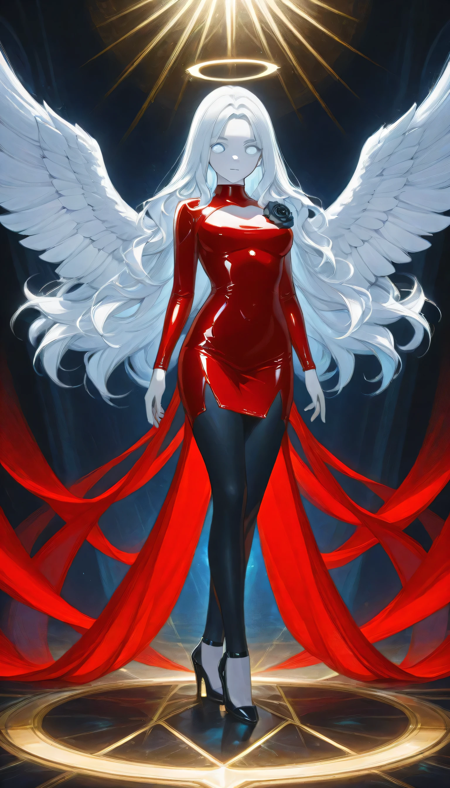 score_9, score_8_up, score_7_up, score_6_up, score_5_up, score_4_up, a picture of magnificent  female angel, busty long hair, dynamic hair color, long hair, wavy hair, shining (blue eyes: 1.2), white wings, wearing intricate elegant (red leather dress: 1.3), wearing ((black high heels: 1.5)), best detailed face, beautiful face, wings have angel wings angel, pale skin, angel wings, wings, white wings, white hair, white eyes, glowing eyes, white dress with golden pattern, Halo, fantasy,  black latex corsage, black stockings, Hyperrealism style