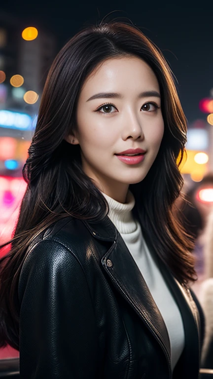 一人のwoman, 28 years old, (((woman))),  realistic ,  top quality , photo realistic , masterpiece, 8k, high res, Alone,  extremely detailed face,  cowboy shot, Bust, Passport Photo,  full face, (  Professional Writing , Bokeh), soft lighting ,  top view ,  a fashionable and trendy atmosphere , Japan, Tokyo, ((night)), (( watching viewers:1.8)), ( staring at the camera)、 standing with different breasts ,  upper body, Close-up of face, ( medium bust :1.2), ( long hair), Brown Hair, Floating Hair, nose, lips, lipstick,  seductive smile, Floating Hair, mole, (cheekbone:1), (mole under eye:1.2),  sweater ,  jacket,  skirt,