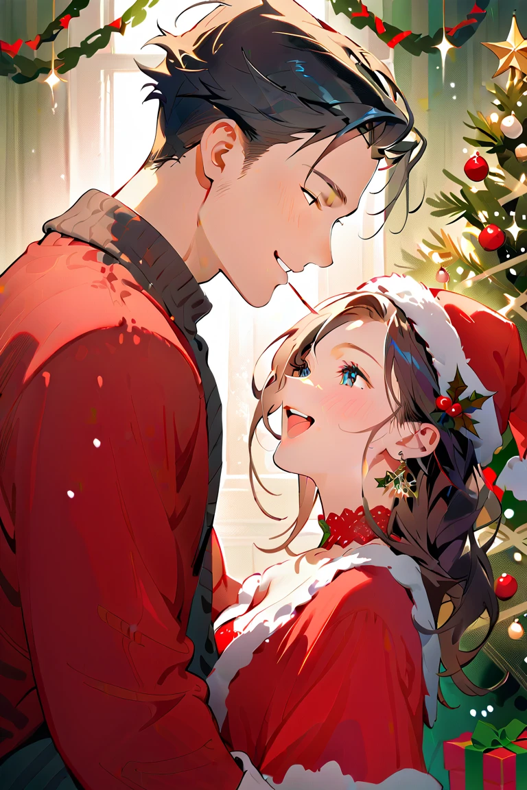  romantic atmosphere ,  Very detailed,  high resolution , ​masterpiece, Sharp focus,  Official Art , Christmas,couple, man and woman, SFW, happy 