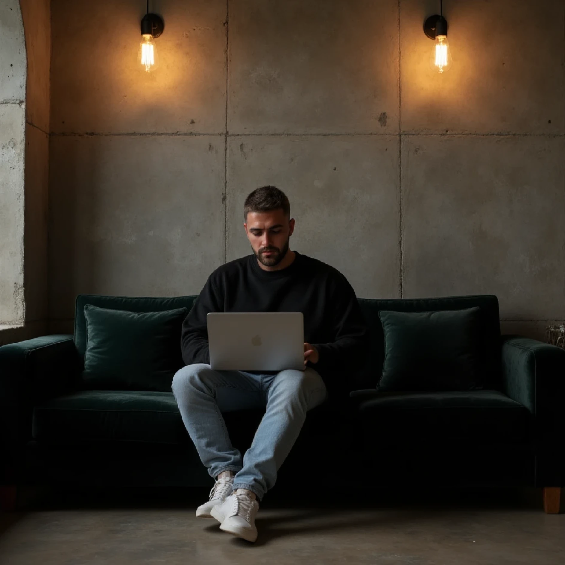 Masterpiece:1.3), (8K, Photorealistic, RAW photo, Best Quality: 1.4)A stylish, industrial-inspired lounge where a young man sits on a black sofa, absorbed in his black space grey colour MacBook pro. Hair: The hair is short, styled short on the sides and longer on top. The color is a natural dark brown base with subtle hints of lighter brown or warm undertones in the lighting. Beard: The beard is well-groomed and matches the hair color with a dark brown tone, slightly darker than the hair on the head due to its density. There are faint warmer undertones around the jawline and mustache, which add natural definition to the face. The beard is consistent in tone, appearing clean and uniform, complementing the overall hairstyle. Together, the cohesive dark brown tones of the hair and beard create a polished and modern appearance, with a natural warmth that enhances his features.. The room features textured grey concrete walls, creating a unique modern art backdrop. Above him, two exposed filament pendant lights hang, casting warm, atmospheric light that highlights the aged texture of the sofa and the subtle velvet pillows. His outfit0oversized black crewneck sweatshirt and light blue jeans, and white sneakers—adds a clean, contemporary touch to the retro setting. Details: Lighting: Warm and ambient, creating soft shadows and a moody atmosphere. Camera Angle: Wide shot, slightly tilted to emphasize the lines of the wall and subject’s posture. Mood: Cozy, stylish, and industrial. Color Palette: Warm earth tones – browns, grays, copper, and deep green. Artistic Style: Interior photography with a focus on industrial design and minimalistic fashion. Depth of Field: Shallow (sharp focus on subject and immediate surroundings, subtly blurred edges).