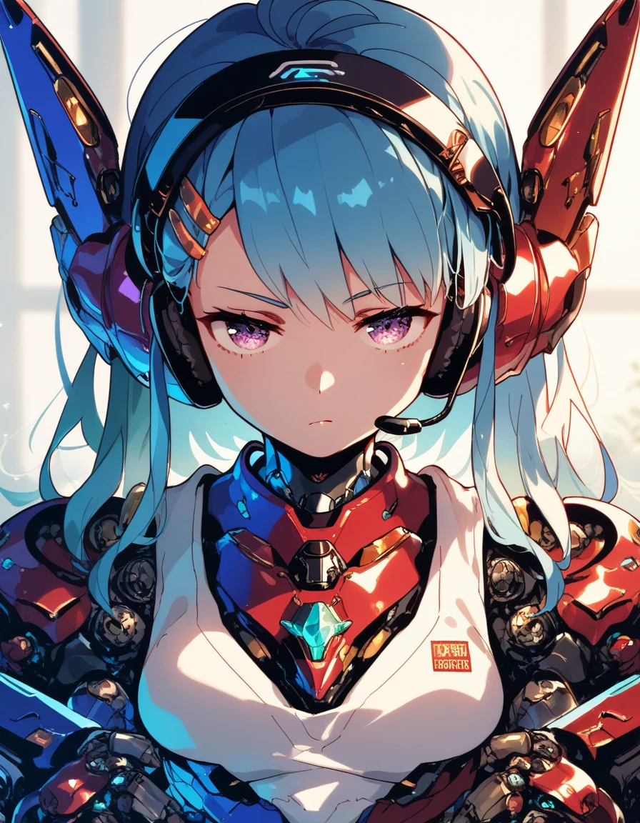 1girl, black mecha, mechanical arms, mechanical legs, mechanical eyes, purple eyes, light blue hair, in dimly lit bedroom, rgb lighting, upper body, looking at viewer, headset, hooded sweatshirt, bored expression, half lidded eyes, raised arms, bent elbows, hands on ears,