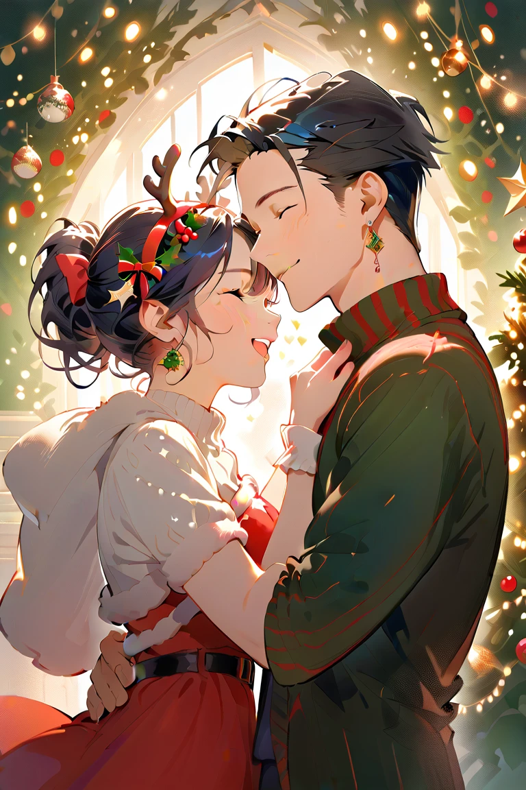  romantic atmosphere ,  Very detailed,  high resolution , ​masterpiece, Sharp focus,  Official Art , Christmas,couple, man and woman, SFW, happy 