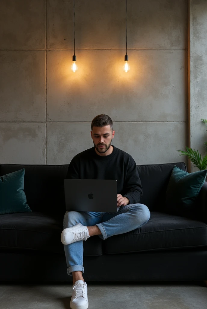 Masterpiece:1.3), (8K, Photorealistic, RAW photo, Best Quality: 1.4)A stylish, industrial-inspired lounge where a young man sits on a black sofa, absorbed in his black space grey colour MacBook pro. Hair: The hair is short, styled short on the sides and longer on top. The color is a natural dark brown base with subtle hints of lighter brown or warm undertones in the lighting. Beard: The beard is well-groomed and matches the hair color with a dark brown tone, slightly darker than the hair on the head due to its density. There are faint warmer undertones around the jawline and mustache, which add natural definition to the face. The beard is consistent in tone, appearing clean and uniform, complementing the overall hairstyle. Together, the cohesive dark brown tones of the hair and beard create a polished and modern appearance, with a natural warmth that enhances his features.. The room features textured grey concrete walls, creating a unique modern art backdrop. Above him, two exposed filament pendant lights hang, casting warm, atmospheric light that highlights the aged texture of the sofa and the subtle velvet pillows. His outfit0oversized black crewneck sweatshirt and light blue jeans, and white sneakers—adds a clean, contemporary touch to the retro setting. Details: Lighting: Warm and ambient, creating soft shadows and a moody atmosphere. Camera Angle: Wide shot, slightly tilted to emphasize the lines of the wall and subject’s posture. Mood: Cozy, stylish, and industrial. Color Palette: Warm earth tones – browns, grays, copper, and deep green. Artistic Style: Interior photography with a focus on industrial design and minimalistic fashion. Depth of Field: Shallow (sharp focus on subject and immediate surroundings, subtly blurred edges).