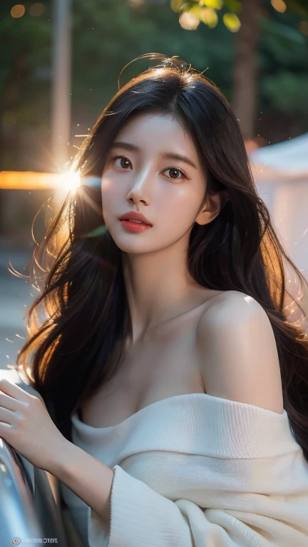 8k, masterpiece, RAW photos, best quality, realistic, extremely detailed CG unity 8k wallpaper, depth of field, Cinematic Light, lens flare, ray tracing, (very beautiful face, beautiful lips, beautiful eyes), A face with intricate details, ((highly detailed skin)), best quality, masterpiece, ultra high resolution, (realistic photo:1.5), Original image, sheer shirt, 1 woman, Off shoulder, in the dark, deep shadow, low song, cold light, sexy look, long gray hair,cafe,pretty,rim light,Swirling hair, medium shot, big bust. Small head