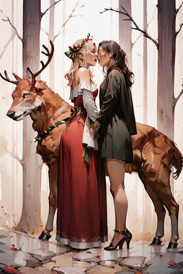  romantic atmosphere ,  Very detailed,  high resolution , ​masterpiece, Sharp focus,  Official Art , Christmas,couple, woman, SFW, happy 