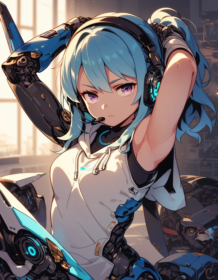 1girl, black mecha, black mechanical arms, mechanical legs, mechanical eyes, dark purple eyes, light blue hair, in dimly lit room, rgb lighting, upper body, looking at viewer, headset, hooded sweatshirt, bored expression, half lidded eyes, raised arms, bent elbows, hands on ears,