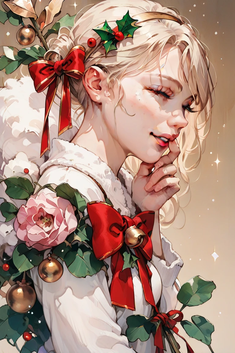  romantic atmosphere ,  Very detailed,  high resolution , ​masterpiece, Sharp focus,  Official Art , Christmas, woman, SFW, happy 