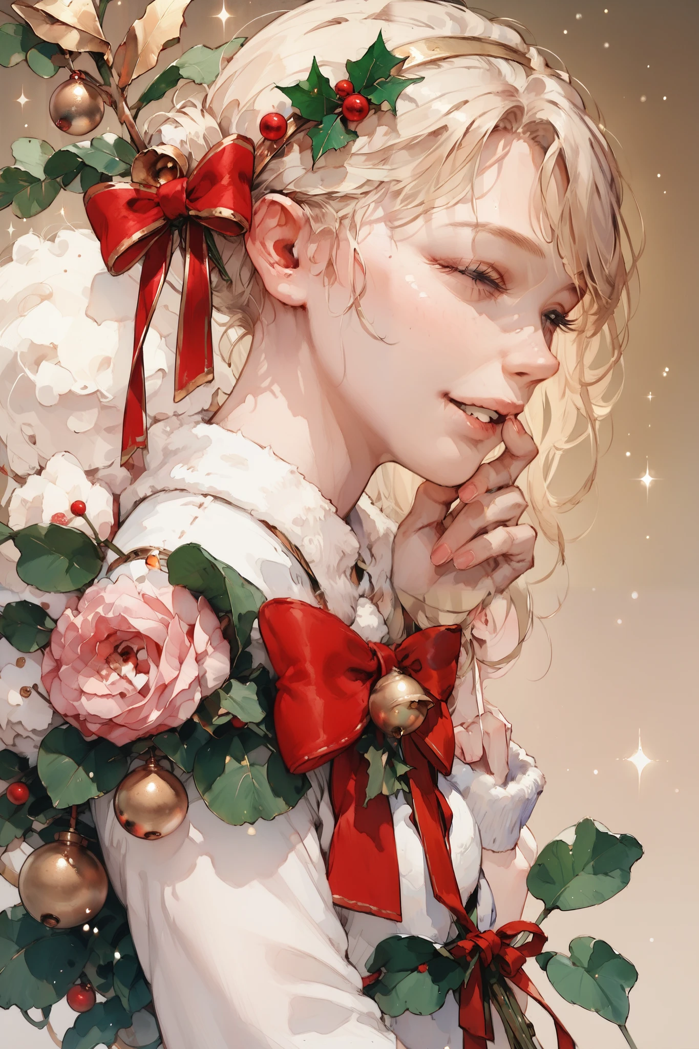  romantic atmosphere ,  Very detailed,  high resolution , ​masterpiece, Sharp focus,  Official Art , Christmas, woman, SFW, happy 