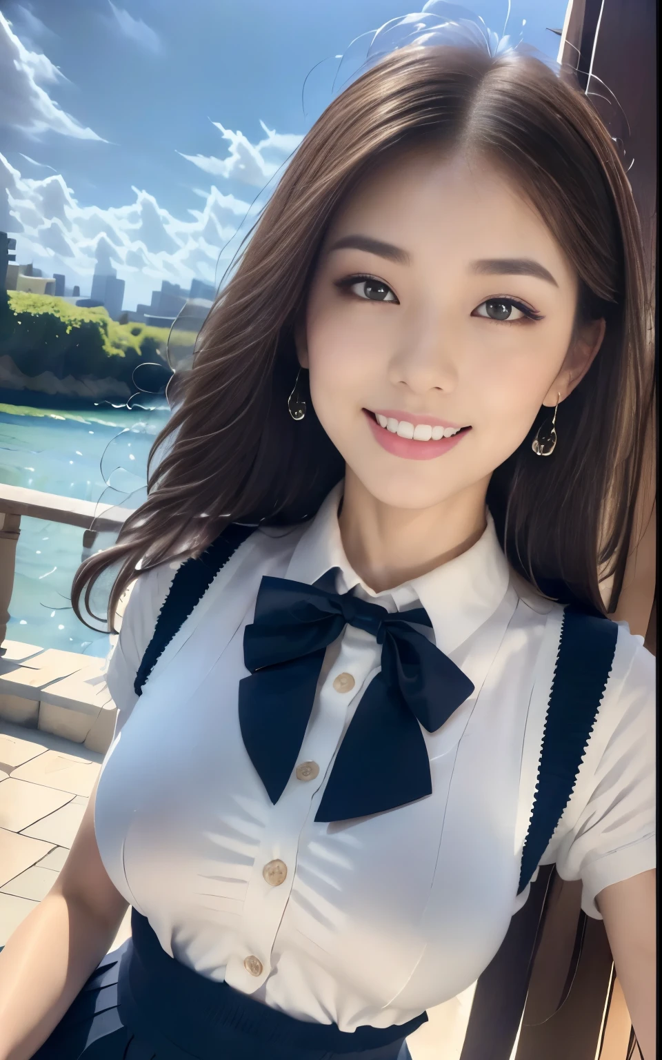 (masterpiece:1.2, top quality), ( realistic , photo realistic :1.4), Big Breasts:1.3, beautiful illustration , ( natural light, movie lights), depth of written border , full body shot , keeps staring at the audience , ( face focus, upper body), Front View, 1 girl, 26 years old , perfect face, symmetrical pretty face, black hair, asymmetric bang , straight long hair style, big eyes, Droopy eyes, Long Lashes , beautiful hair, beautiful face, beautiful eyes , beautiful body, beautiful thighs, beautiful legs,((In the city)) , (( High-quality fabric texture , Brown knit vest, short sleeve white collared shirt, navy blue pleated skirt, navy bow tie )), ( Beautiful Scenery ), evening , Dynamic Poses , standing with different breasts , Very attractive smile:1.3, 175cm