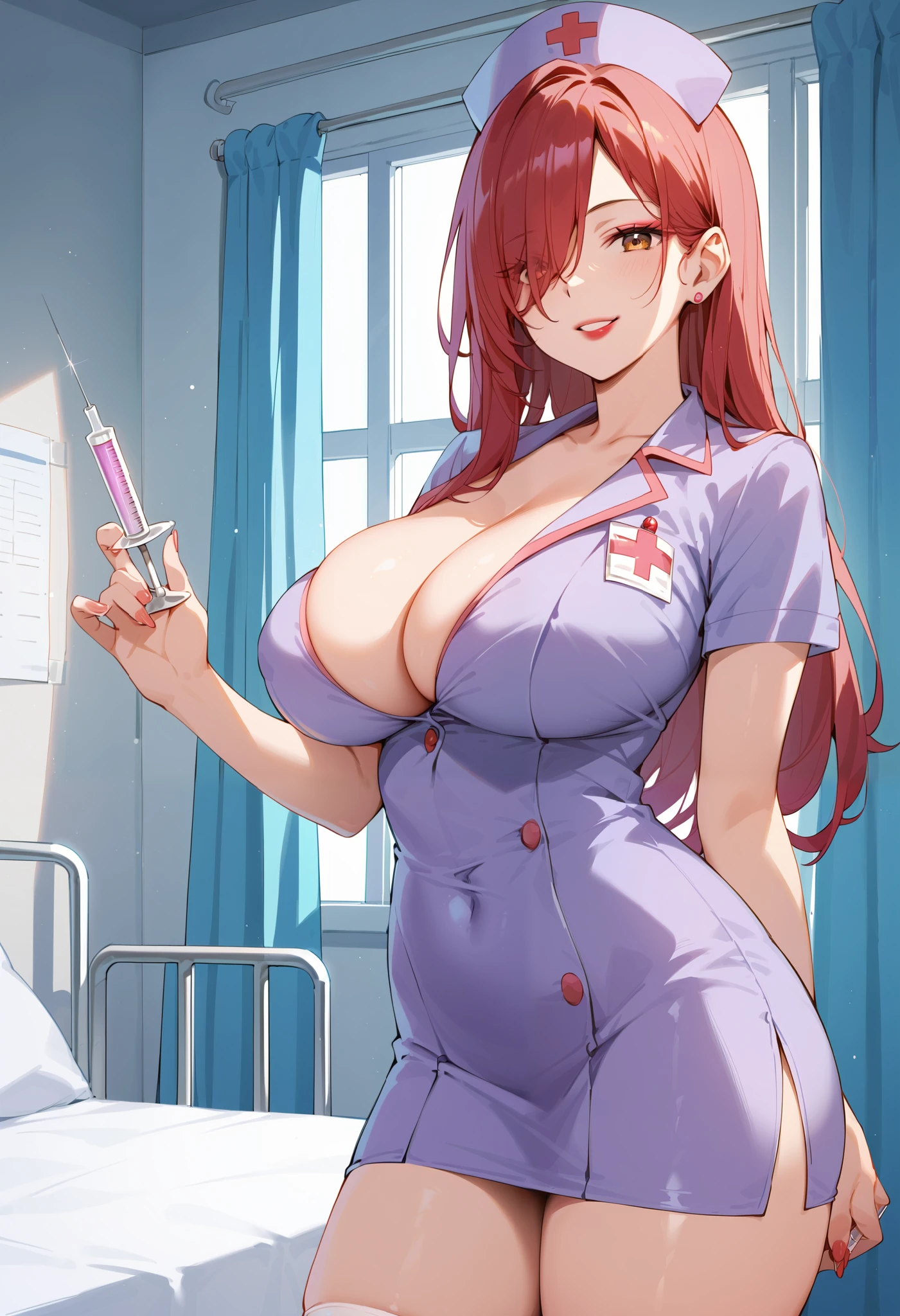 (Best quality, masterpiece), animation, illustration, (1girl), ruka, hair over one eye red hair, lipstick, long hair, brown eyes, nurse cap, eyeshadow, huge breast, (purple, short, nurse costume, purple nurse outfits), indoors, hospital room, patient bed room, syringe, standing, seduction pose, half-smile, 