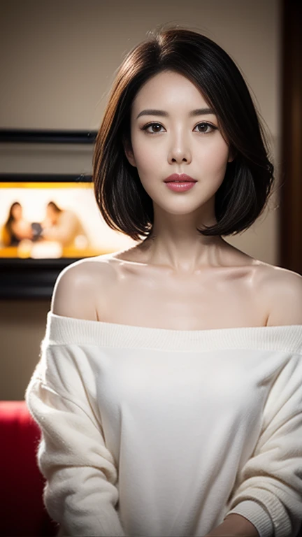 UHD, masterpiece, anatomically correct, super detail, best quality, 8k,  sharp focus 、( bust up shot :1.4)、Bust, Passport Photo,  full face, Woman working at a cafe、 one beautiful woman 、Age 30、Tokyo、Woman working at a cafe、 BOB CUT HAIR、white off-the-shoulder t-shirt、Beautifully depicted eyes 、(( watching viewers:1.8)), ( staring at the camera)、 standing with different breasts ,